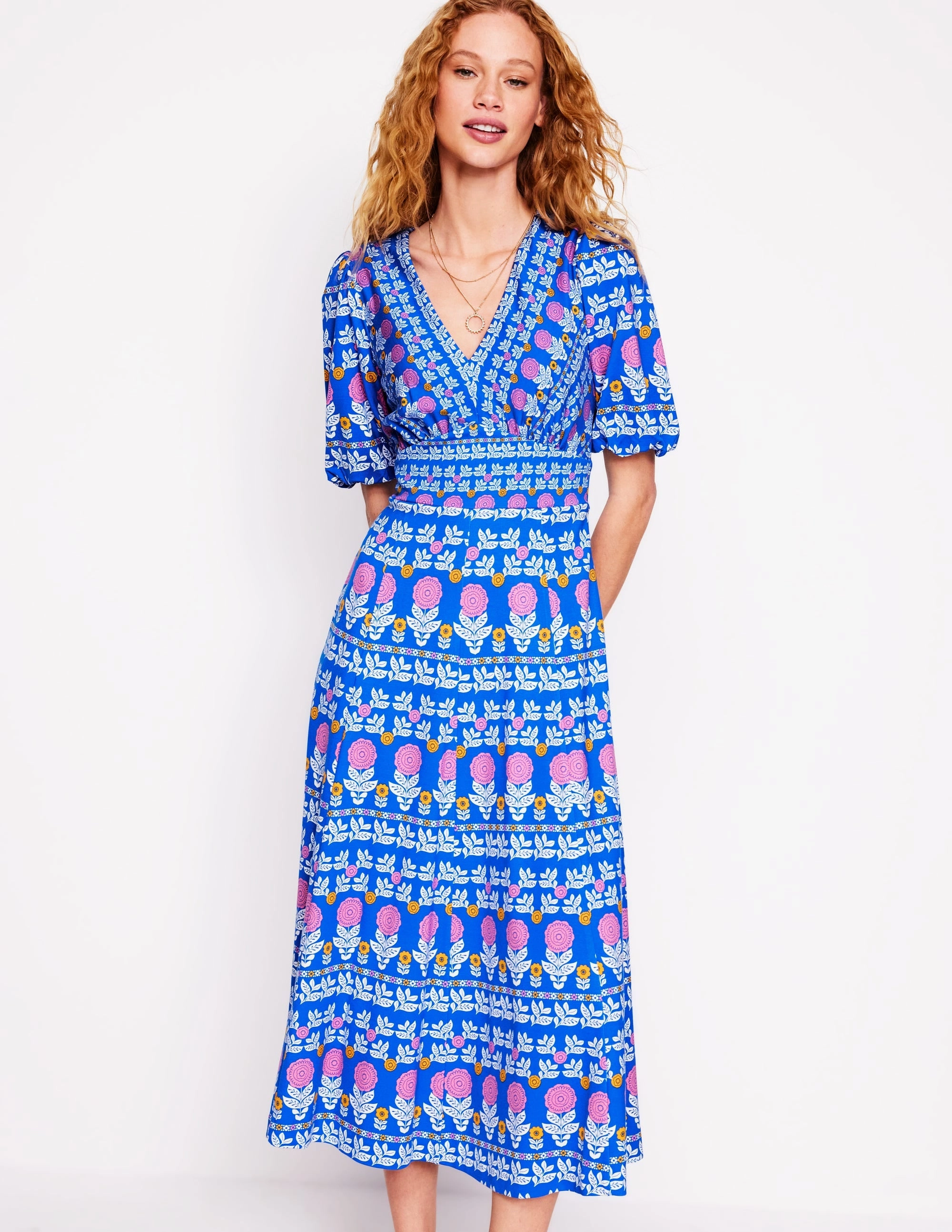All-Occasion Wear Ponte Puff Sleeve Tea Dress-Gallery Blue, Dahlia Garden