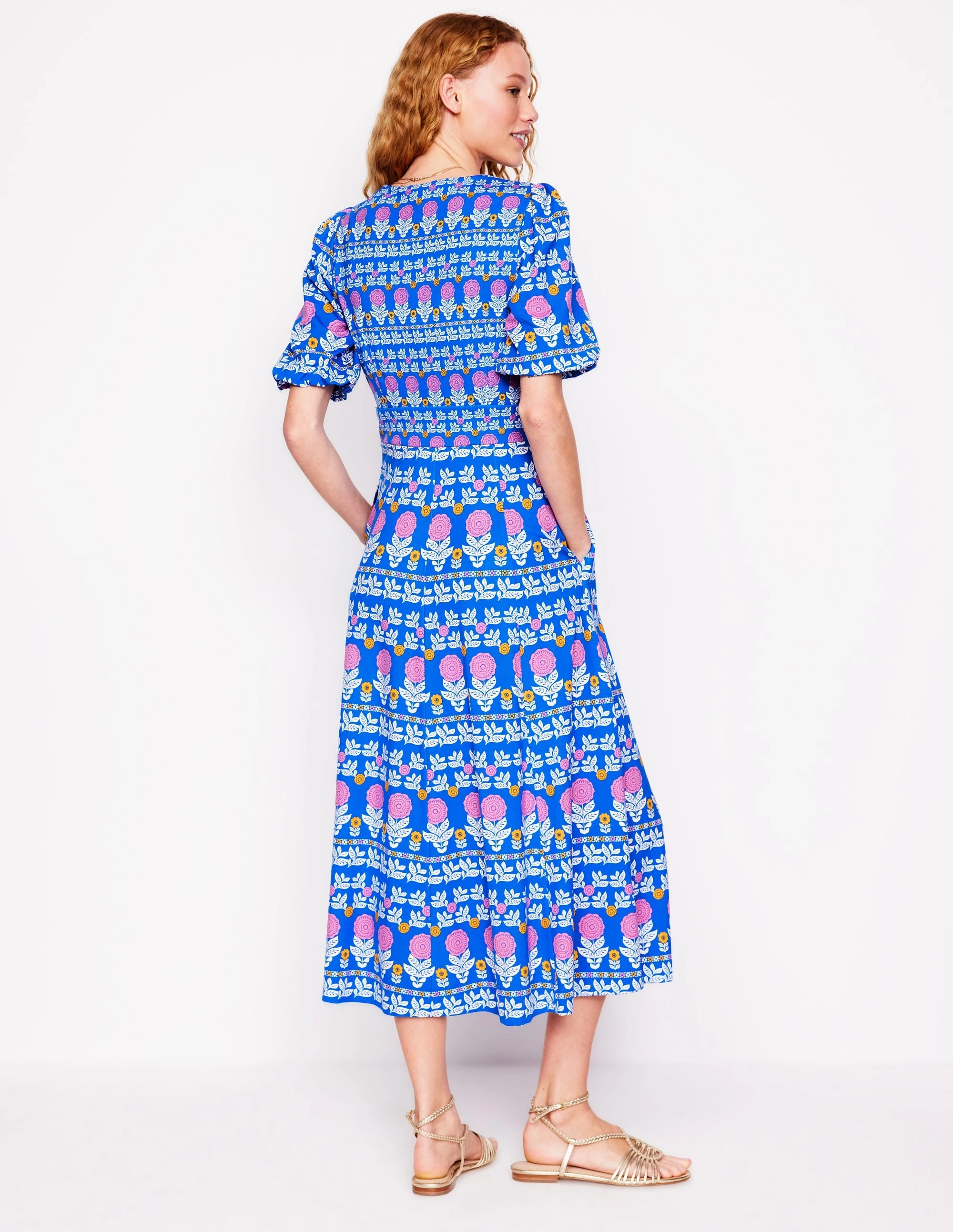 Ponte Puff Sleeve Tea Dress-Gallery Blue, Dahlia Garden Cozy Silhouette