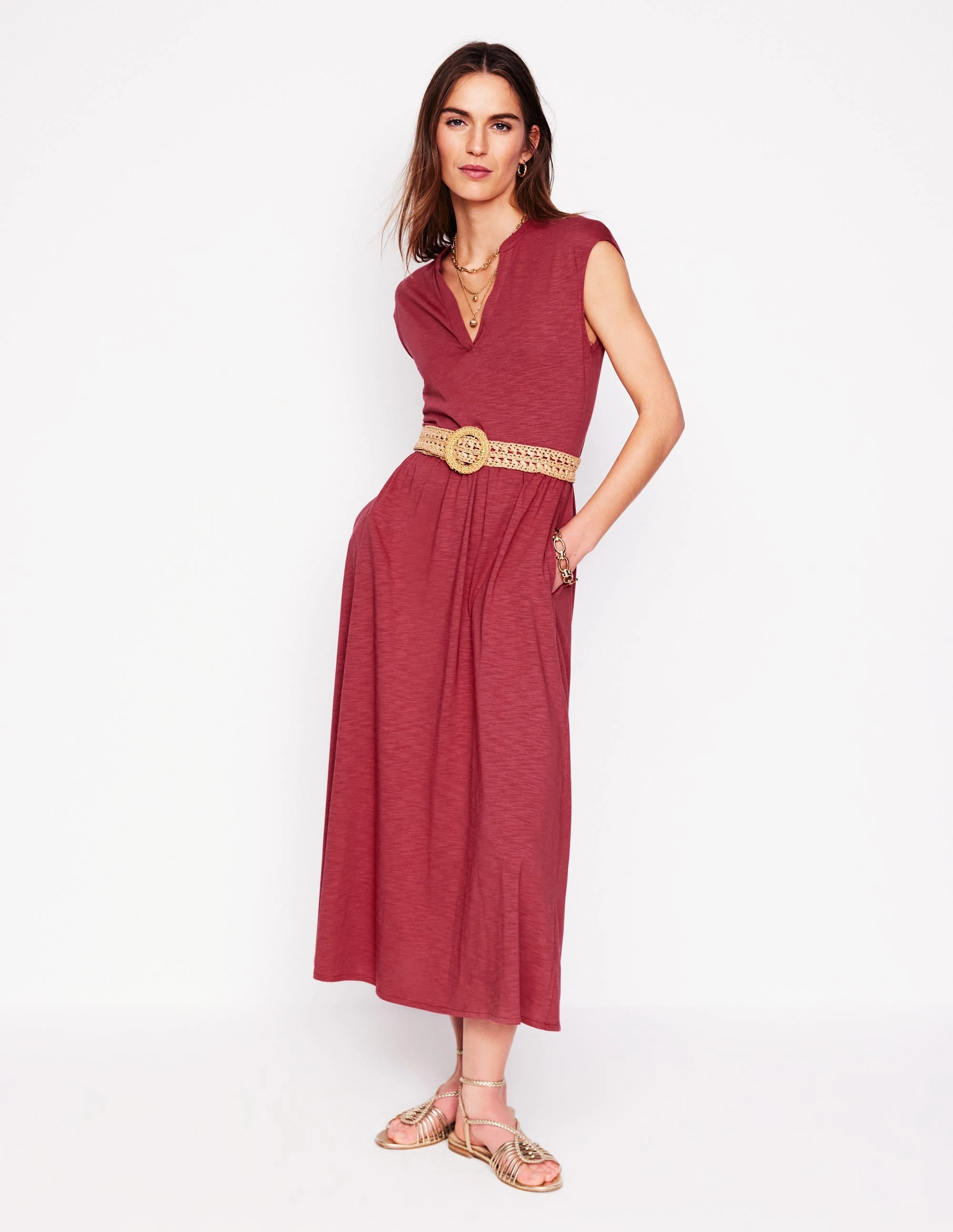 Anti-Static-Finish Trendy summer outfit Chloe Jersey Midi Dress-Terracotta Red