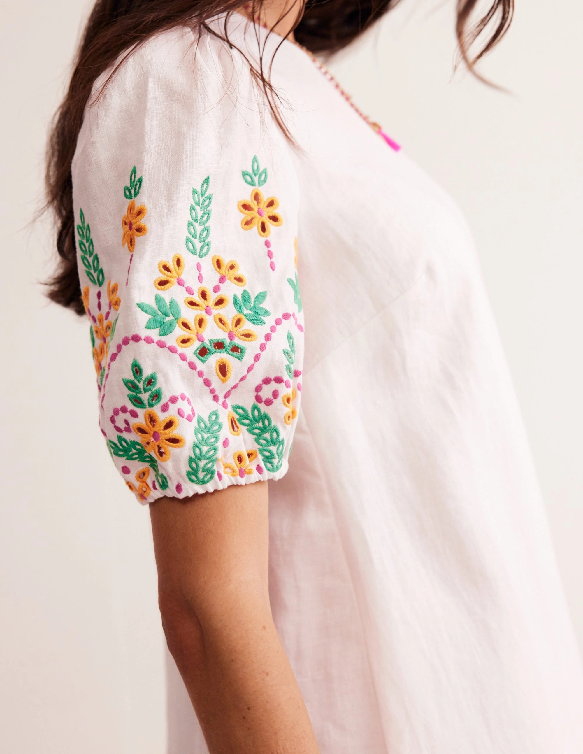 Live Soft Broderie Linen Shift Dress-White