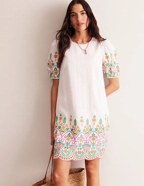 Broderie Linen Shift Dress-White Shape Hug