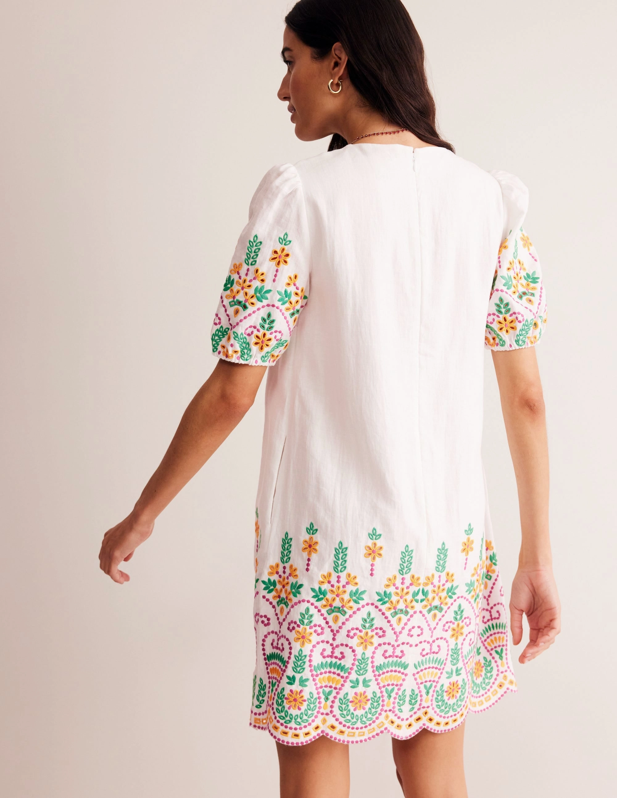 Broderie Linen Shift Dress-White Delicate Details Soft Fit Wear