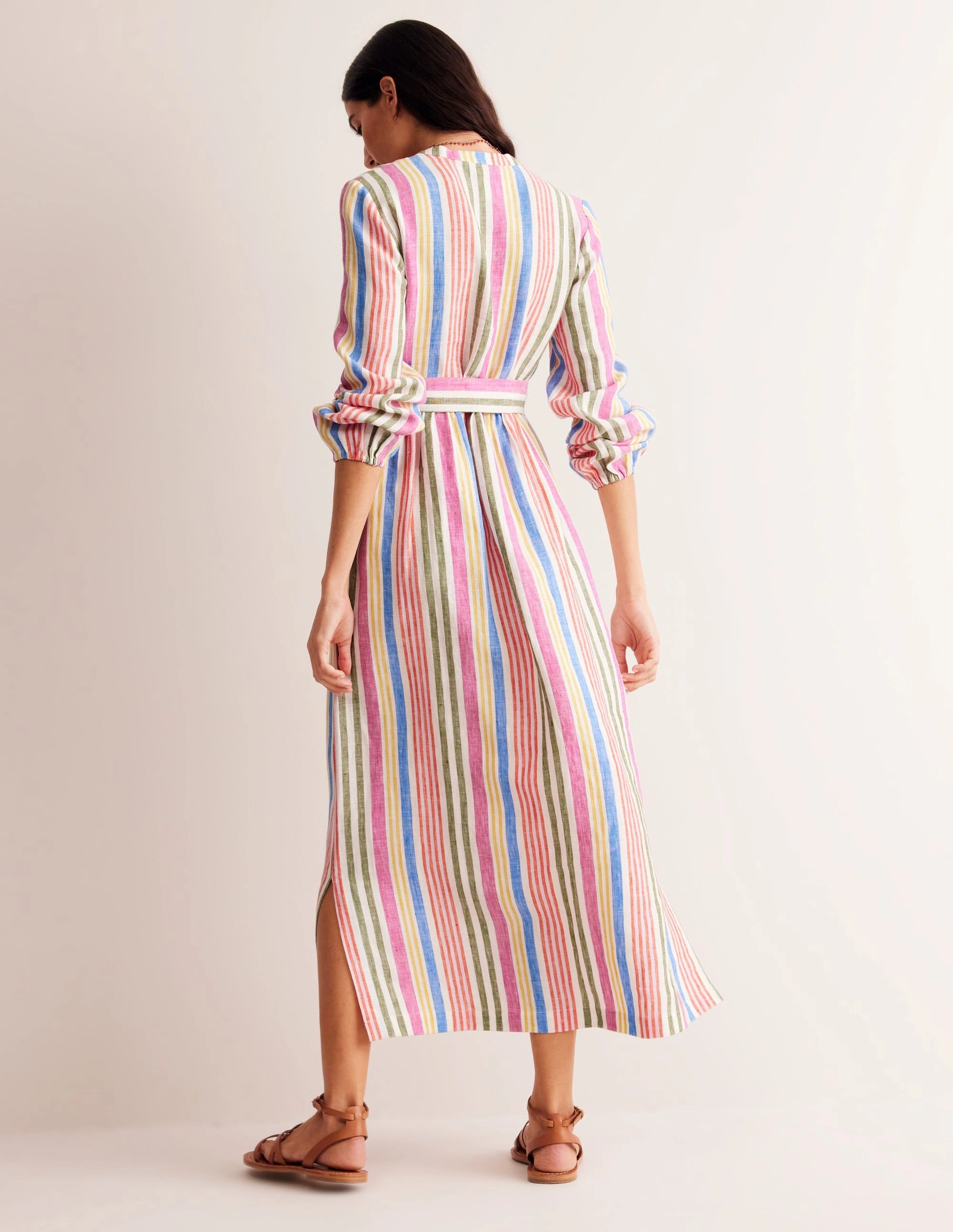 Linen Maxi Notch Neck Dress-Pop Pansy, Multistripe Raglan-Sleeve