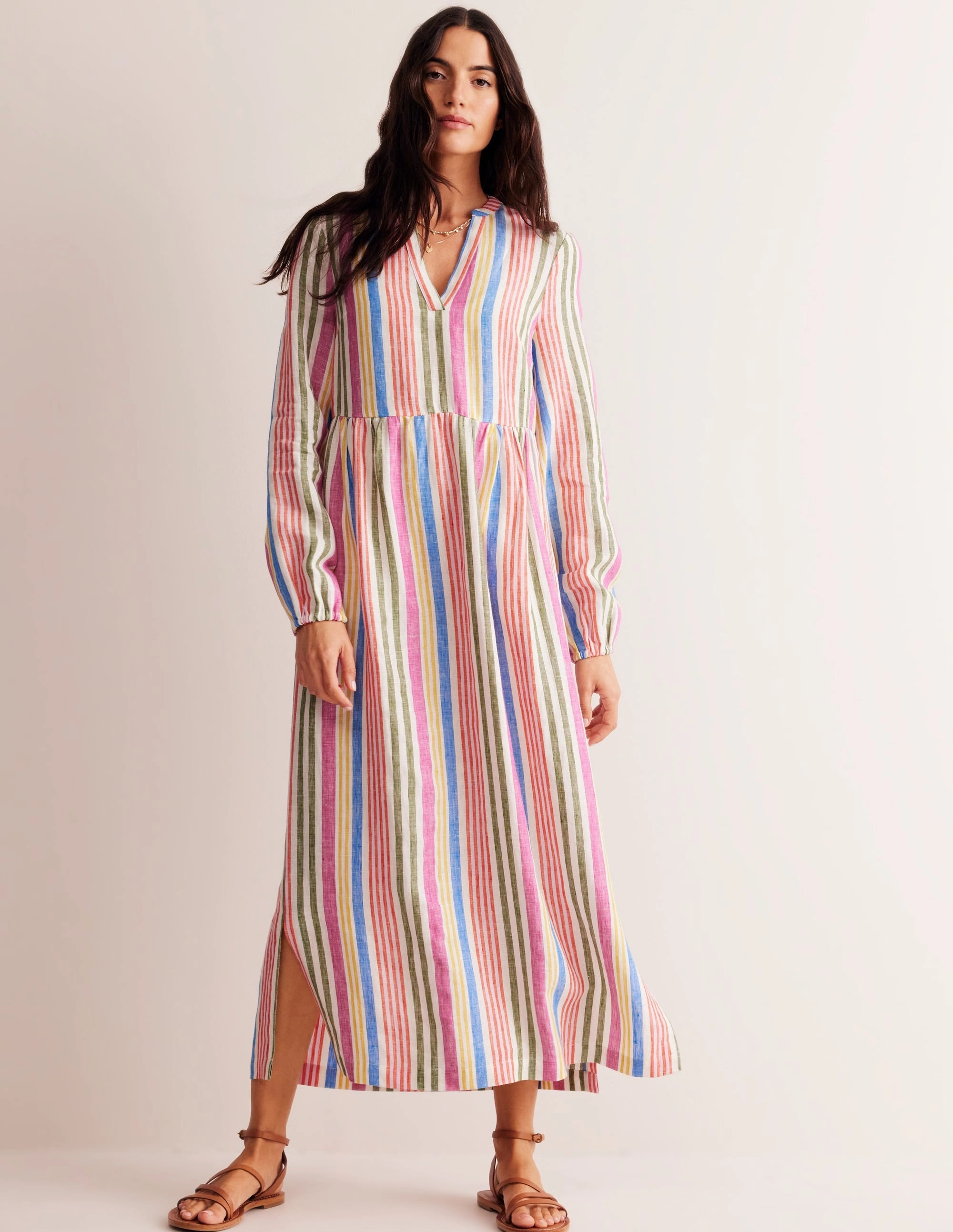 Soft Contour Linen Maxi Notch Neck Dress-Pop Pansy, Multistripe