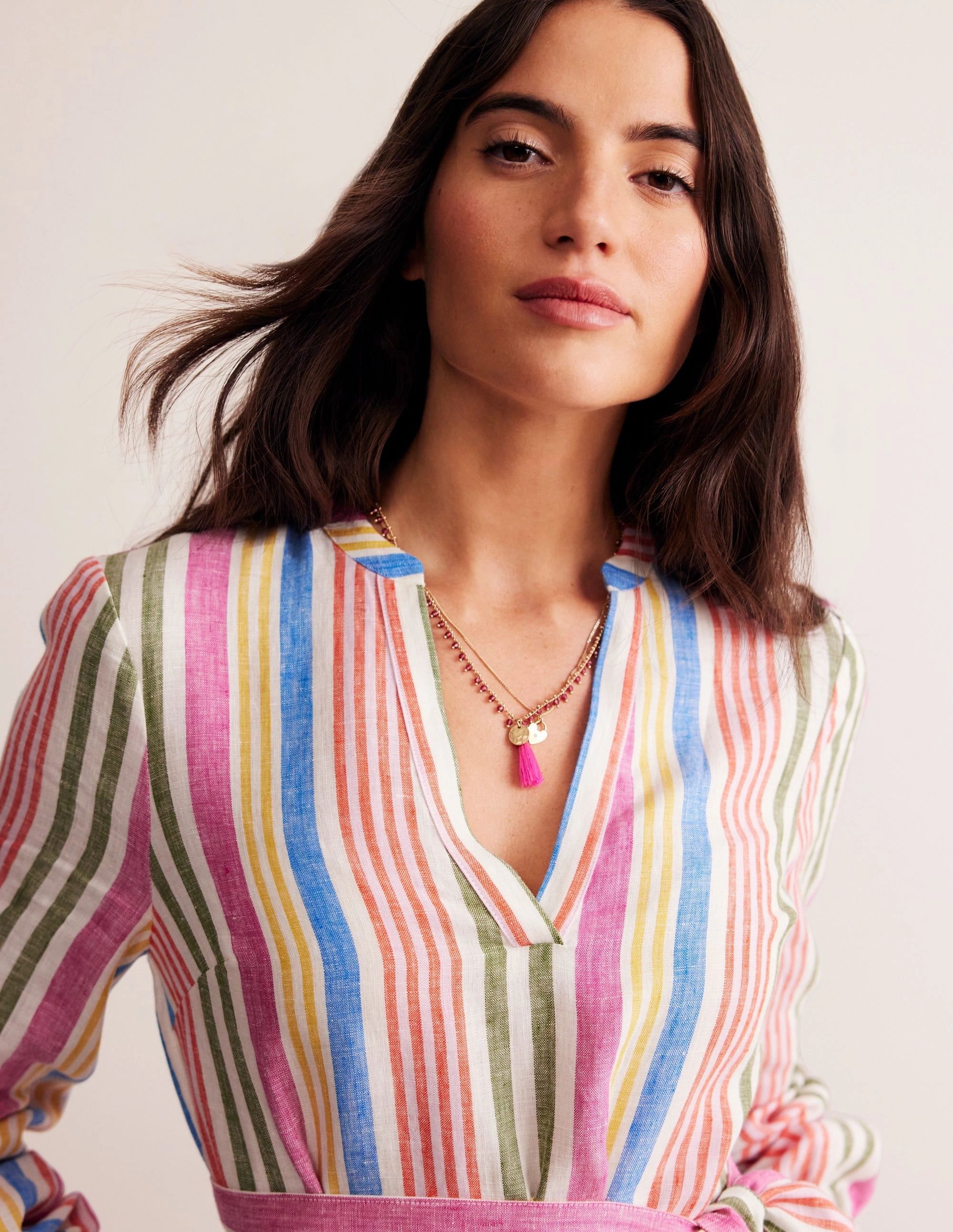 Seasonal Fit Fitted Base Linen Maxi Notch Neck Dress-Pop Pansy, Multistripe