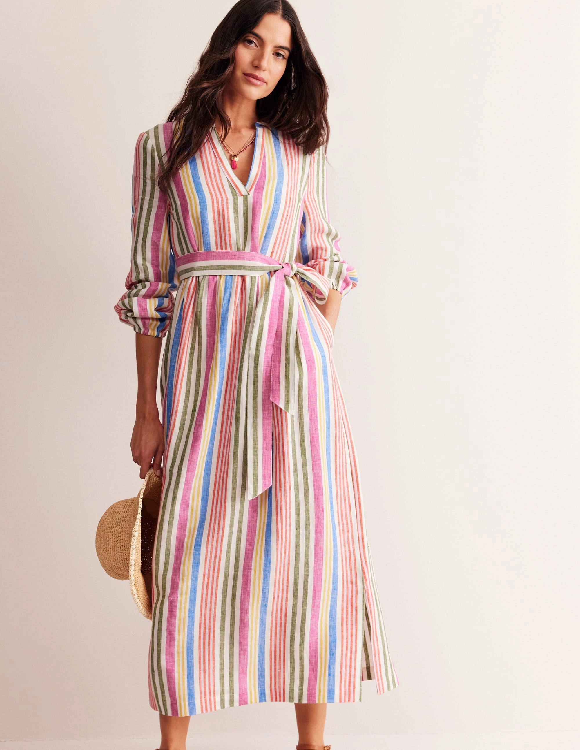 Linen Maxi Notch Neck Dress-Pop Pansy, Multistripe Clean Fit Perfectly Fitted
