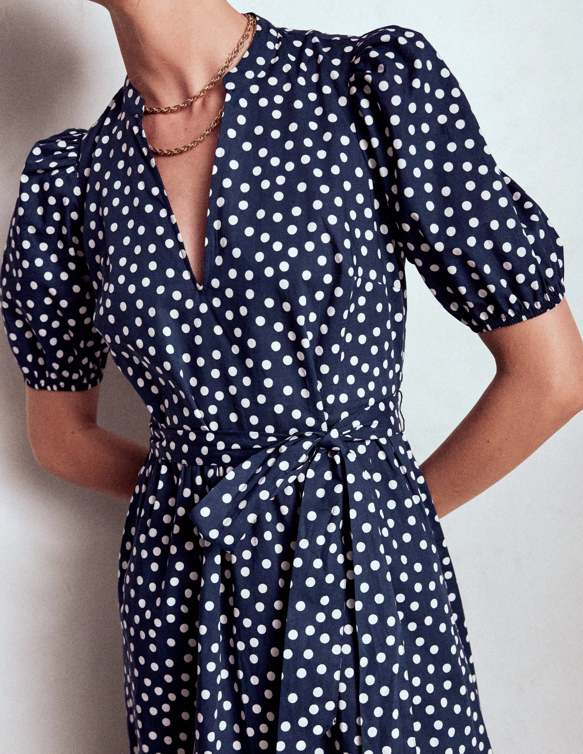 Christabel Cotton Midi Dress-French Navy, Painted Dot Zip Closure