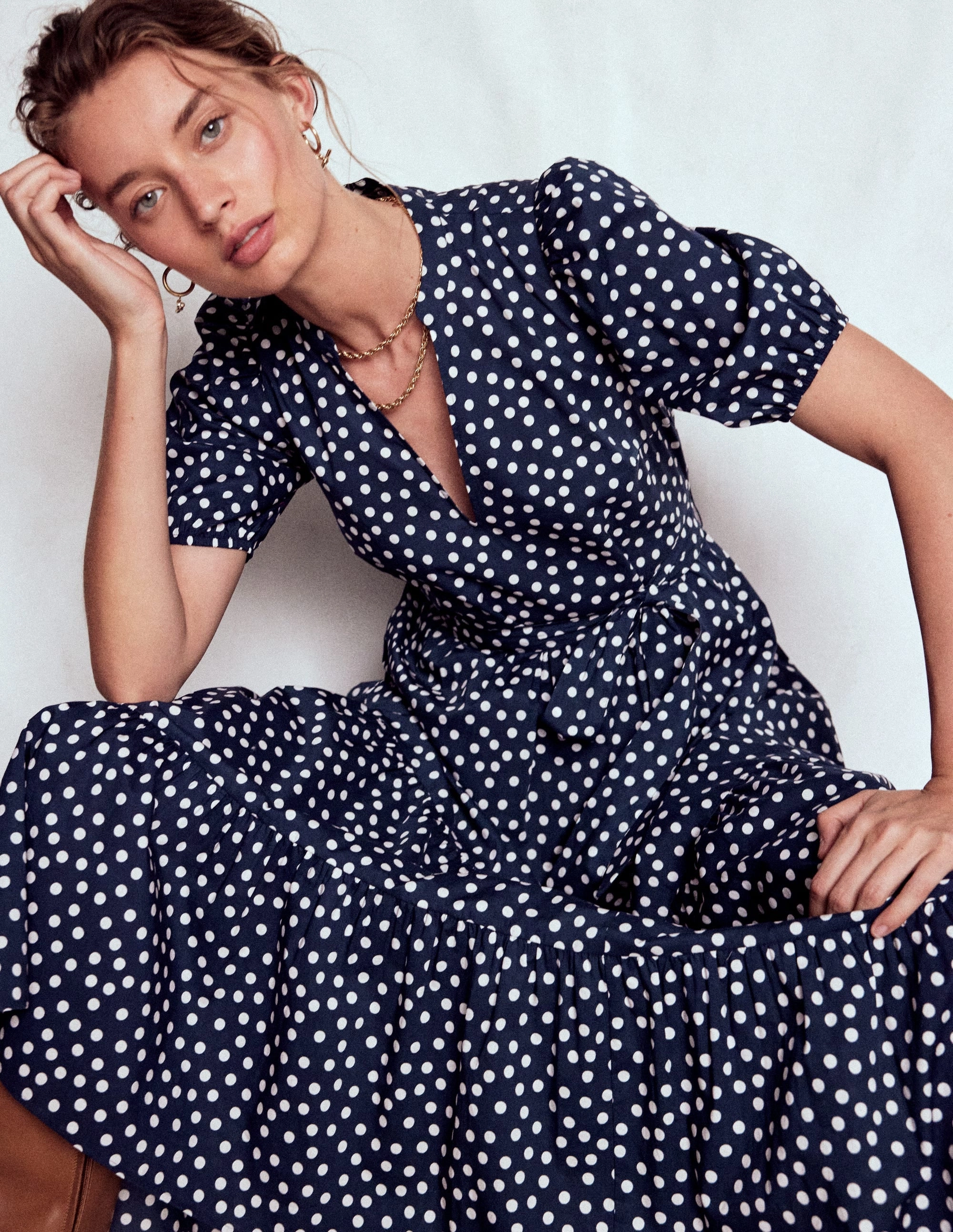 Christabel Cotton Midi Dress-French Navy, Painted Dot Trend Smart Smooth Wear