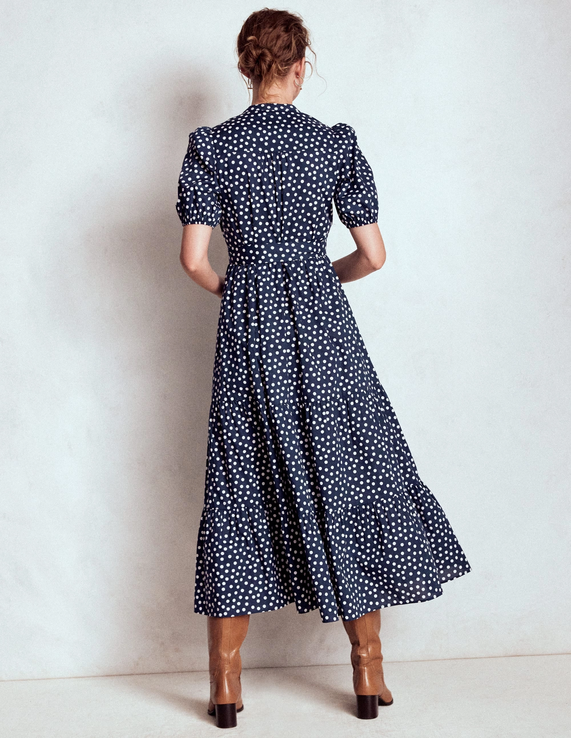 High Neck Exclusive-Design Christabel Cotton Midi Dress-French Navy, Painted Dot