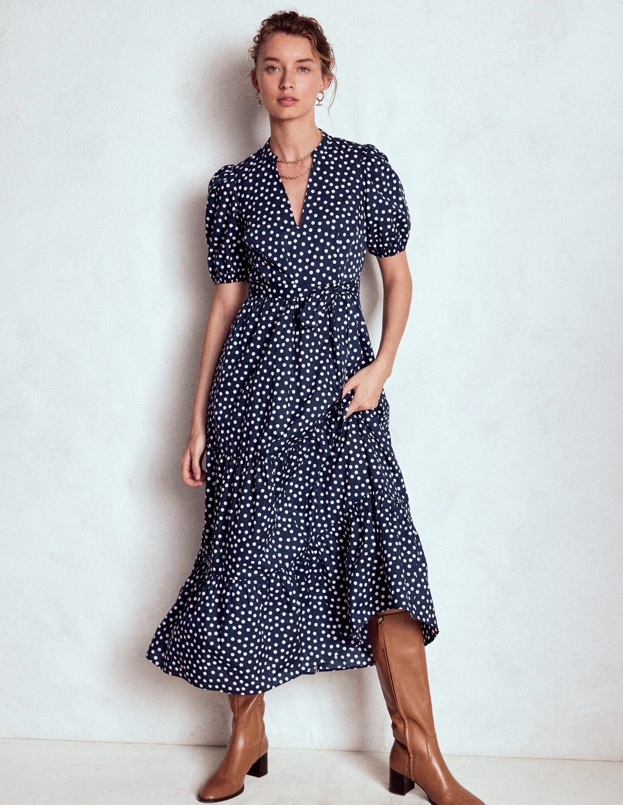 Christabel Cotton Midi Dress-French Navy, Painted Dot Texture Mood Perfect Wear
