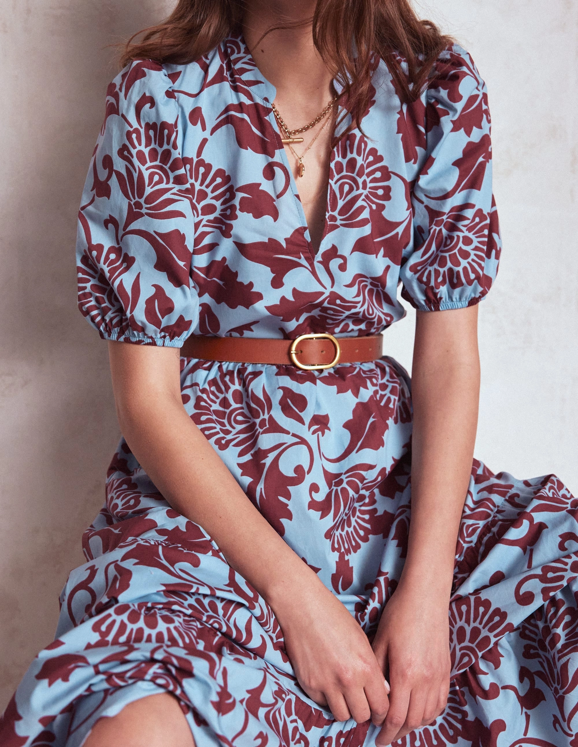 Classic Grace Nordic Plain Christabel Cotton Midi Dress-Glacier Blue, Ornate Vine