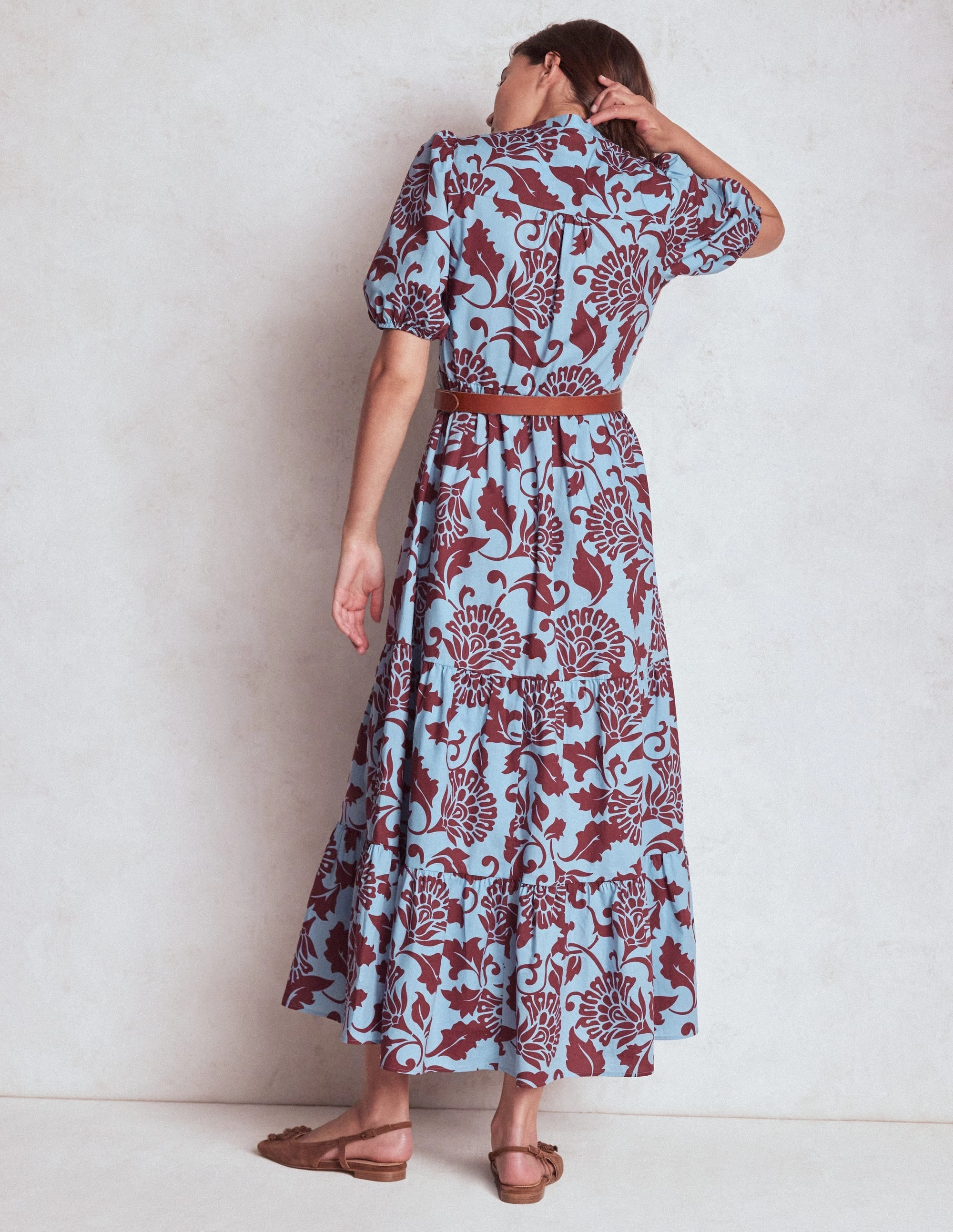 Christabel Cotton Midi Dress-Glacier Blue, Ornate Vine Tie-Detail Bohemian style