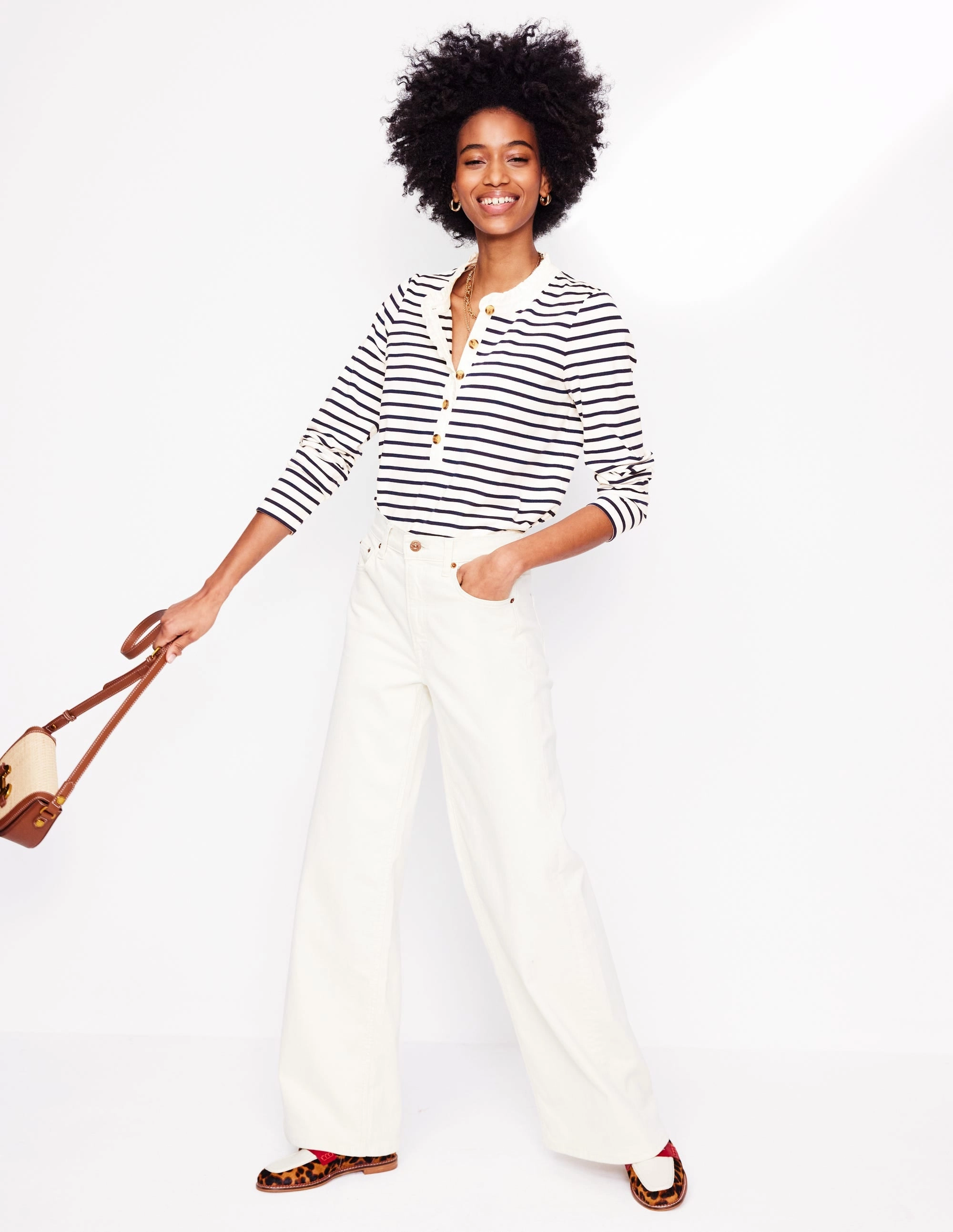 Frill Neck Breton Top-Ivory, Navy SeamlessSidePanels