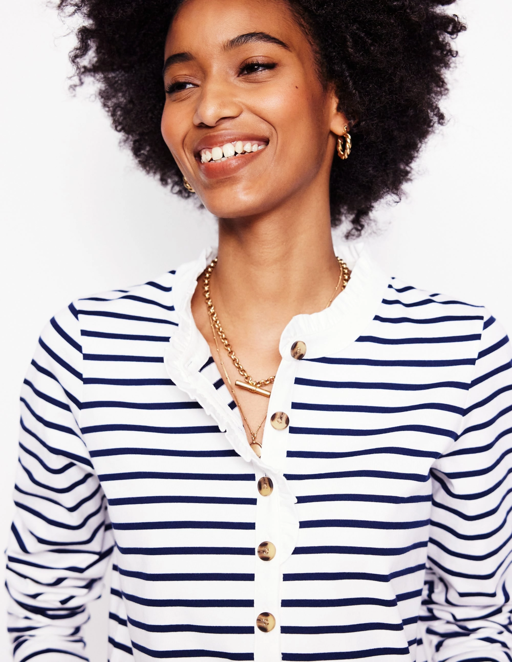 Tubular Knit Structure Flexible Ribbed Cuffs Frill Neck Breton Top-Ivory, Navy