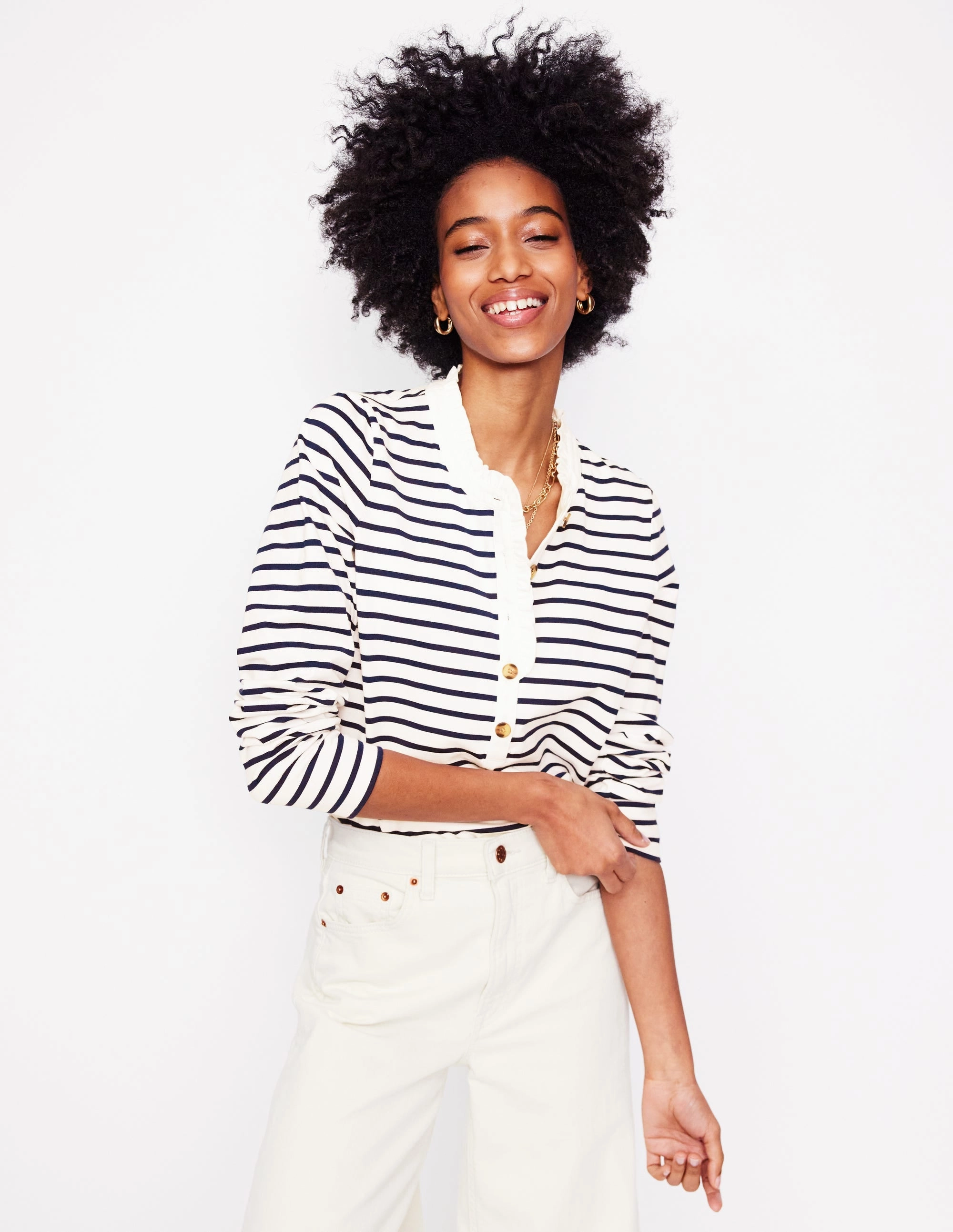 Frill Neck Breton Top-Ivory, Navy SeamFreeShoulders