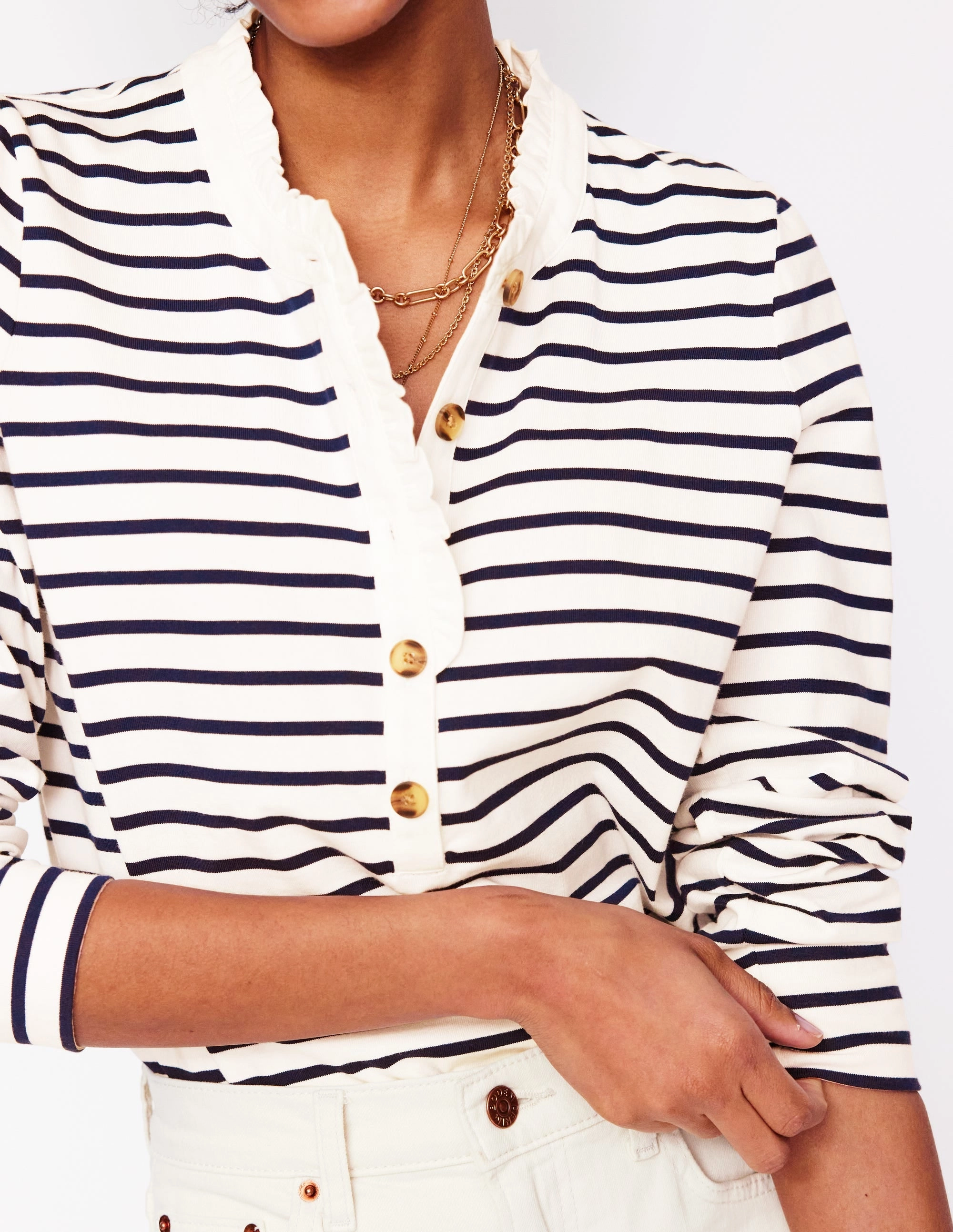 Low Impact Dye Frill Neck Breton Top-Ivory, Navy