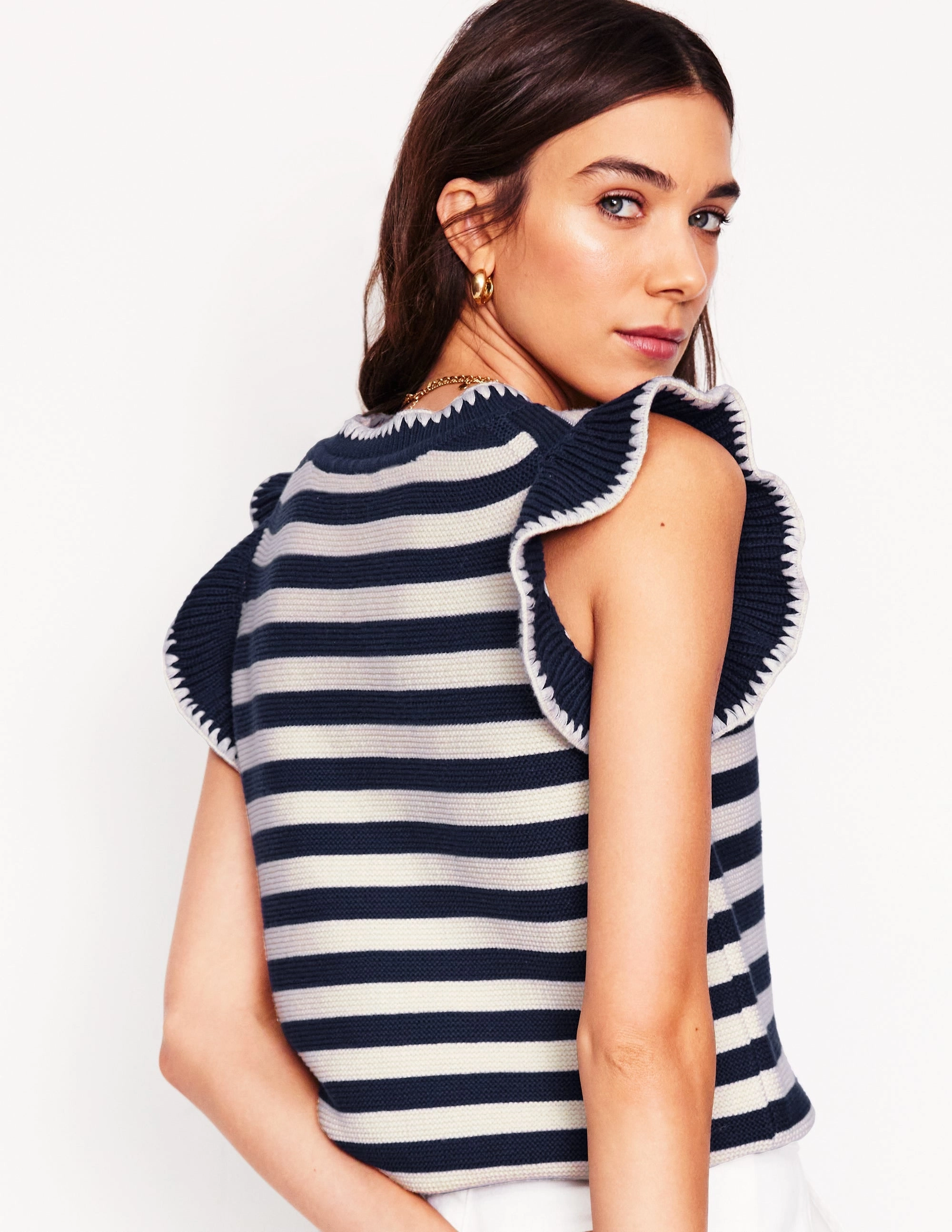 Sustainable Dye Process Sublimation Print Resistant Lena Stitch Detail Tank-Navy and Ivory Stripe