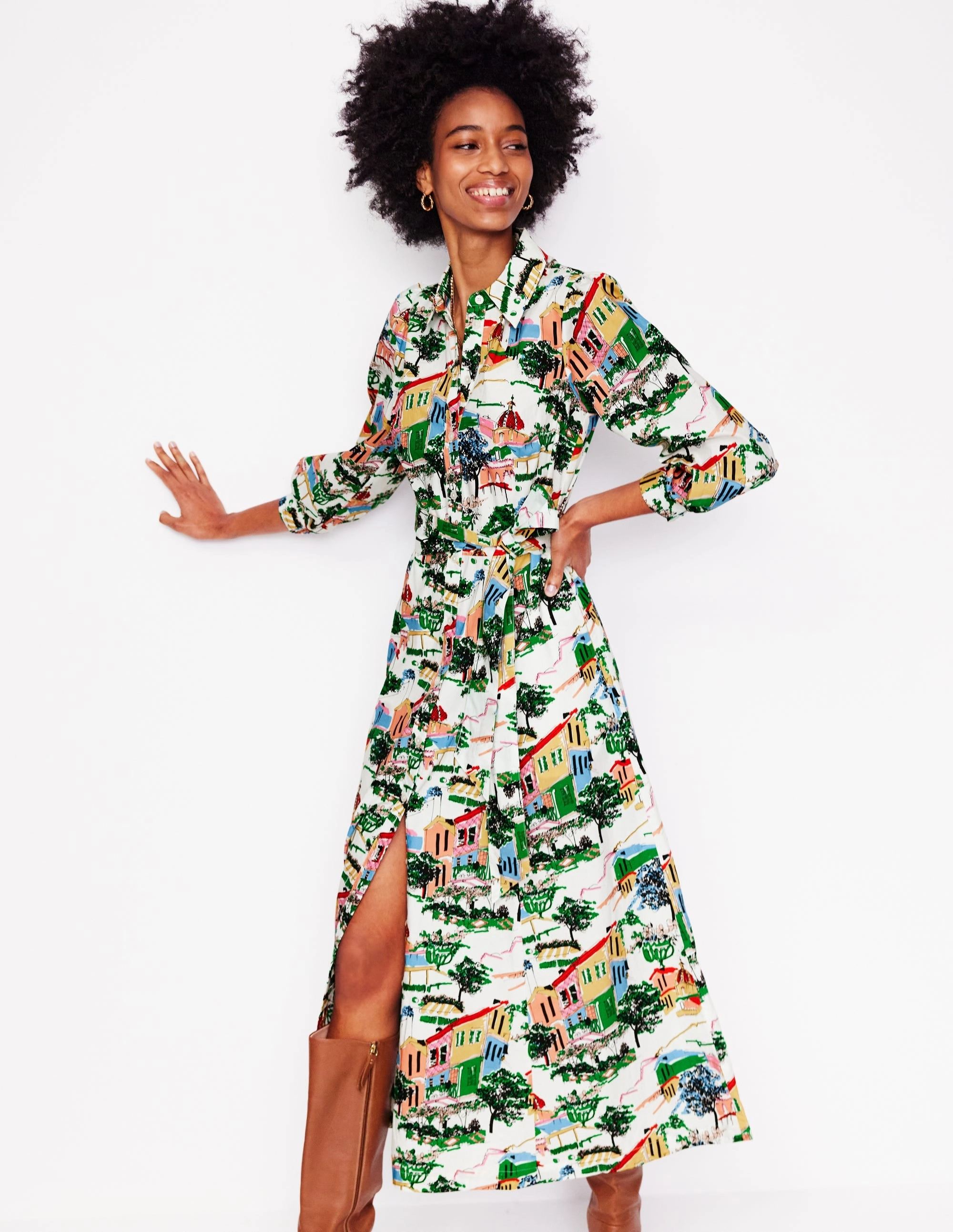 Clara Cotton Shirt Dress-Multi, Painted Village Earth Colors