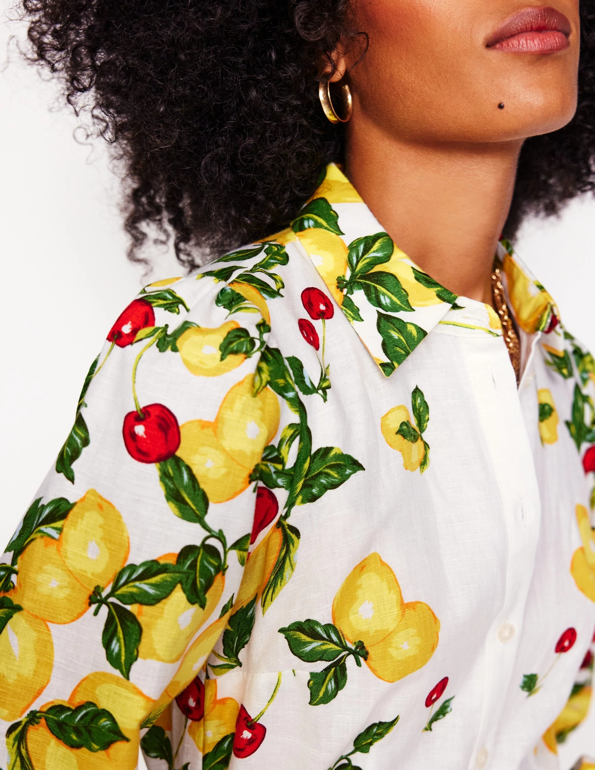 Clara Linen Blend Shirt Dress-Ivory, Cherries and Lemons Flexible Style