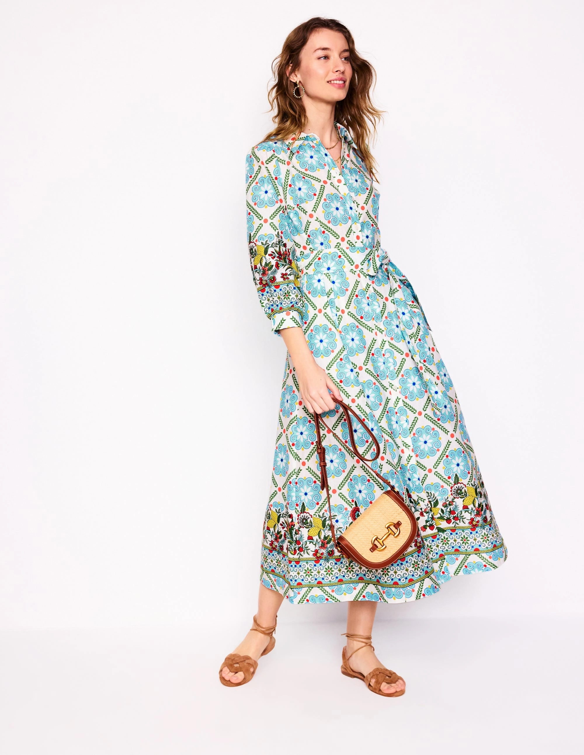 Perfect Look Clara Linen Blend Shirt Dress-Multi, Citrus Vine Tile