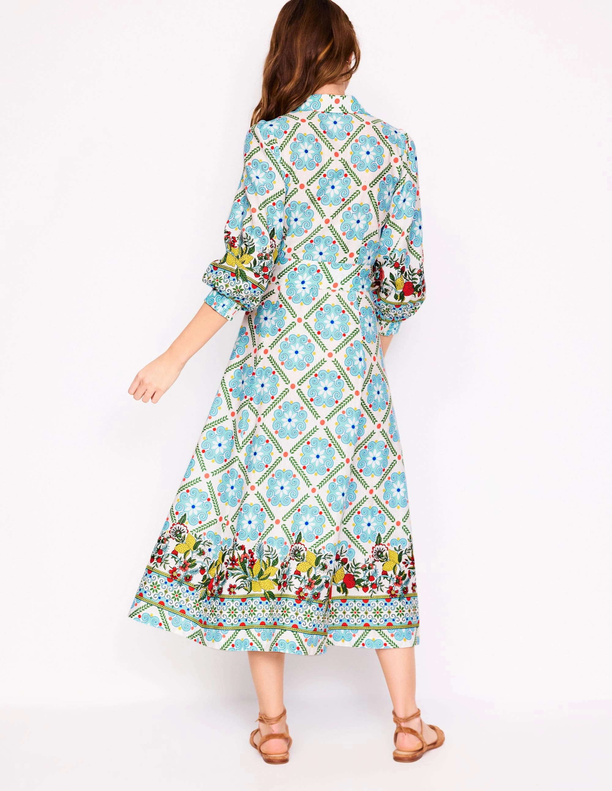 Clara Linen Blend Shirt Dress-Multi, Citrus Vine Tile Form Fitting
