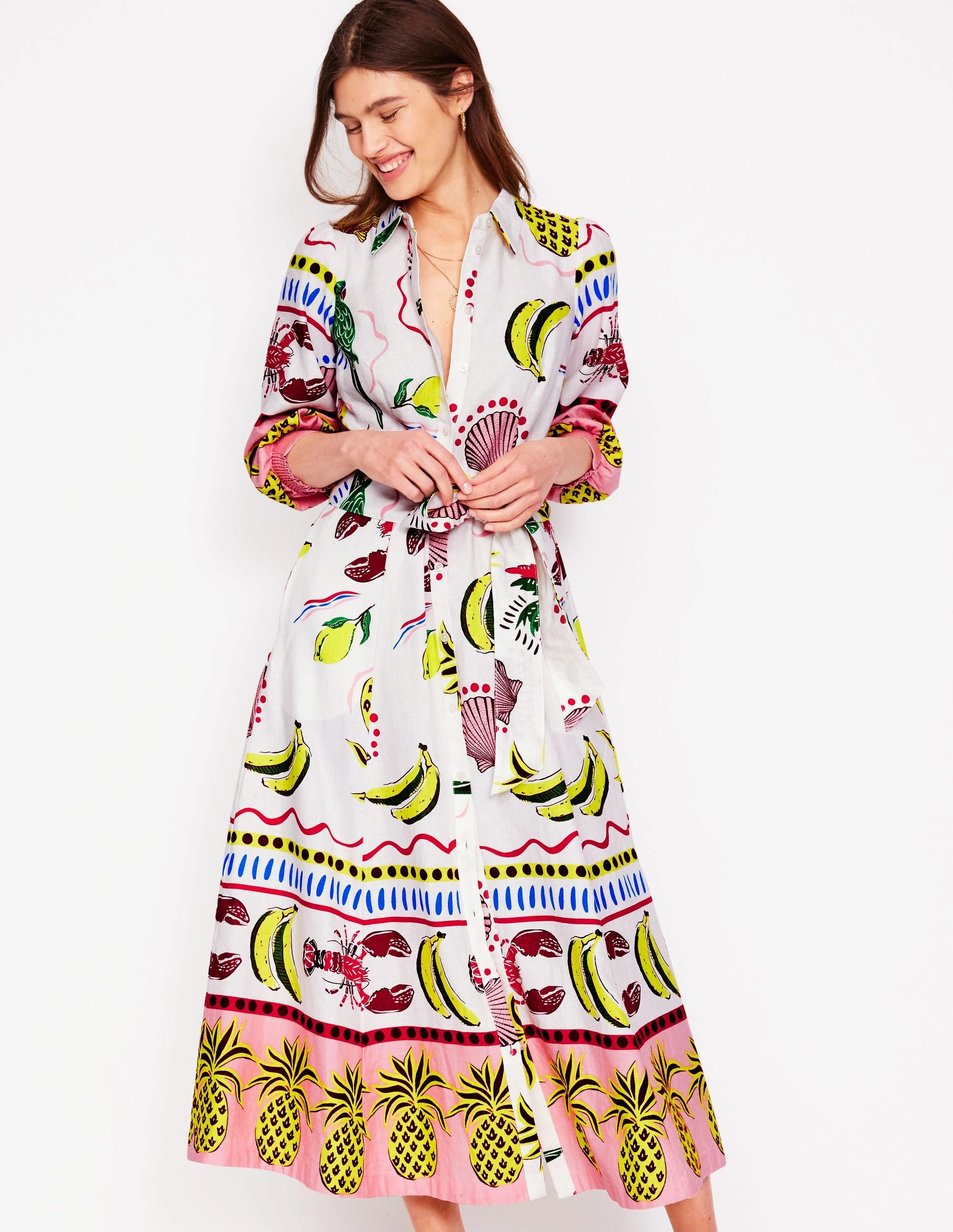 ConvertibleNeckline Clara Linen Blend Shirt Dress-Multi, Tropical Bonanza
