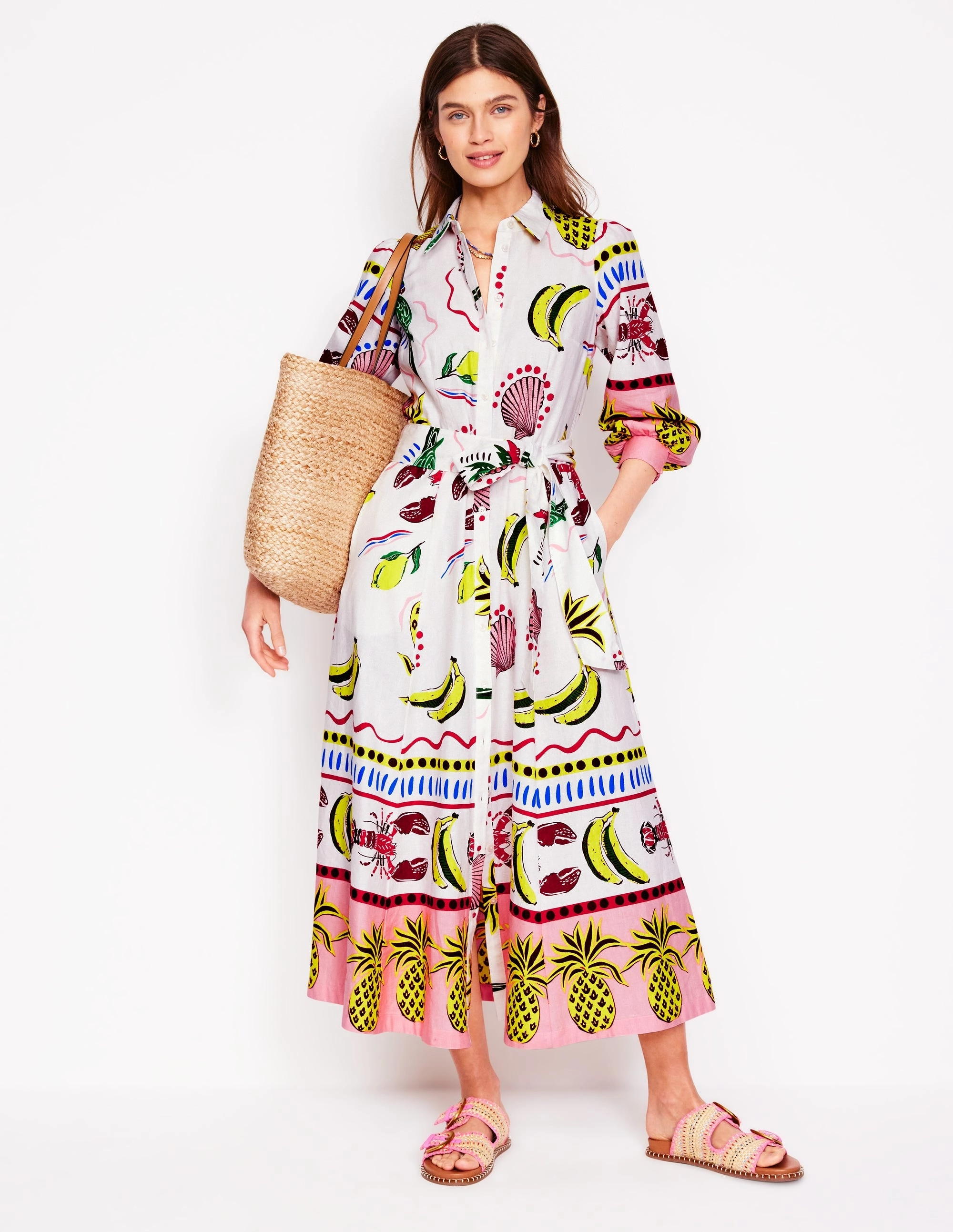 Winter Proof Clara Linen Blend Shirt Dress-Multi, Tropical Bonanza