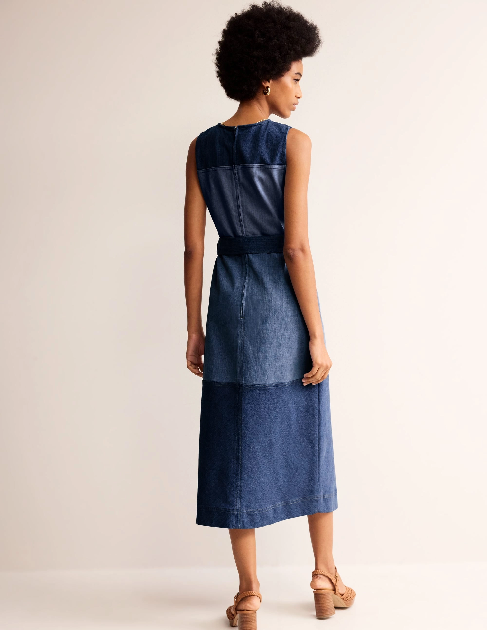 Comfy and Relaxed Vintage Style Hotch Denim Midi Dress-Hotched Denim