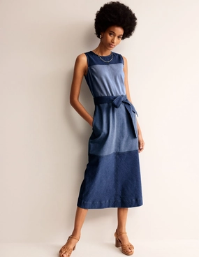 Hotch Denim Midi Dress-Hotched Denim Smocked-Detail