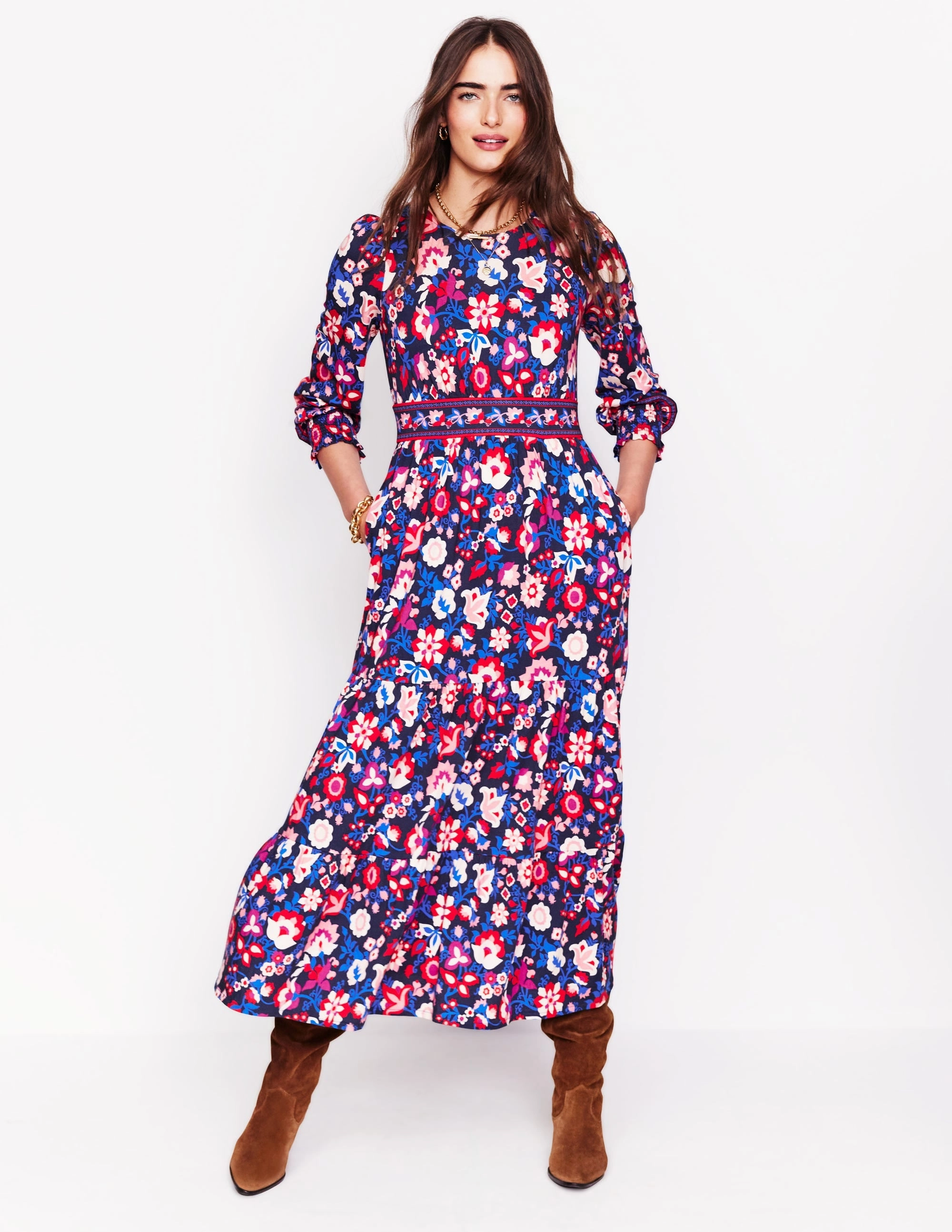 Tabitha Tiered Jersey Dress-College Navy, Garden Vine Day-To-Night Wear