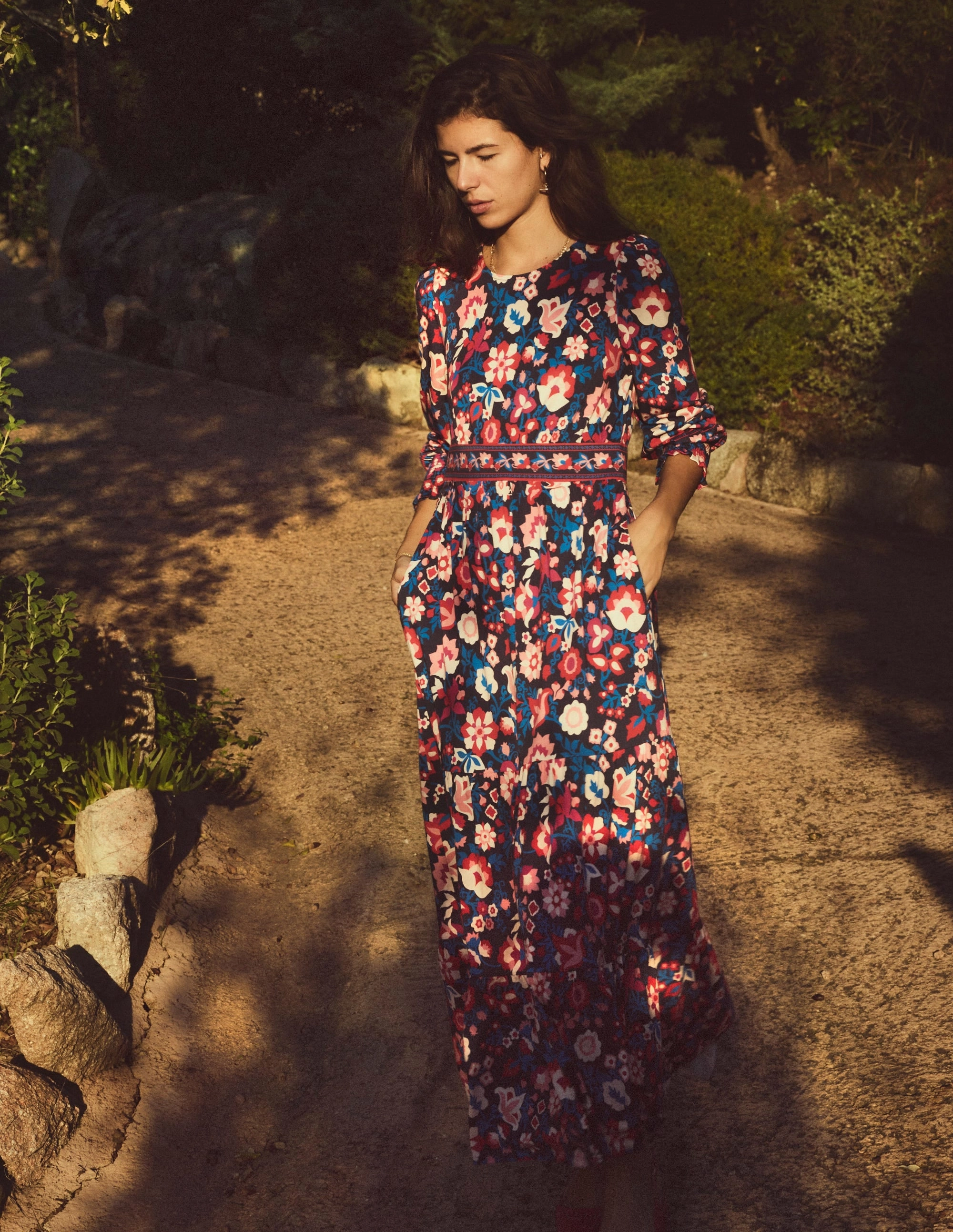 FlexibleClosure Daily Ready Tabitha Tiered Jersey Dress-College Navy, Garden Vine