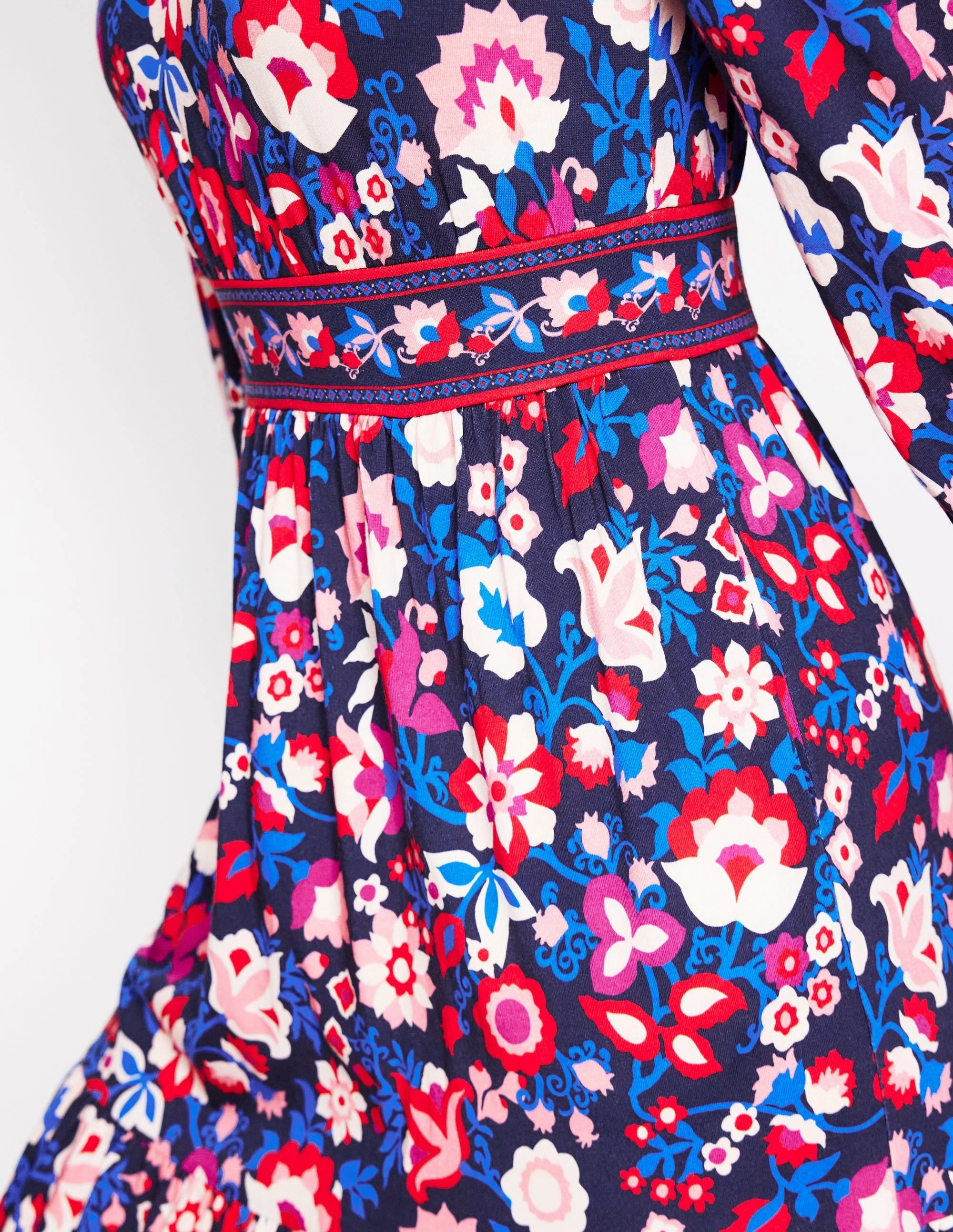 Tabitha Tiered Jersey Dress-College Navy, Garden Vine Satin-Sleeve