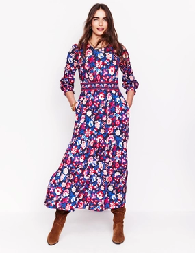 Tabitha Tiered Jersey Dress-College Navy, Garden Vine Day-To-Night Wear