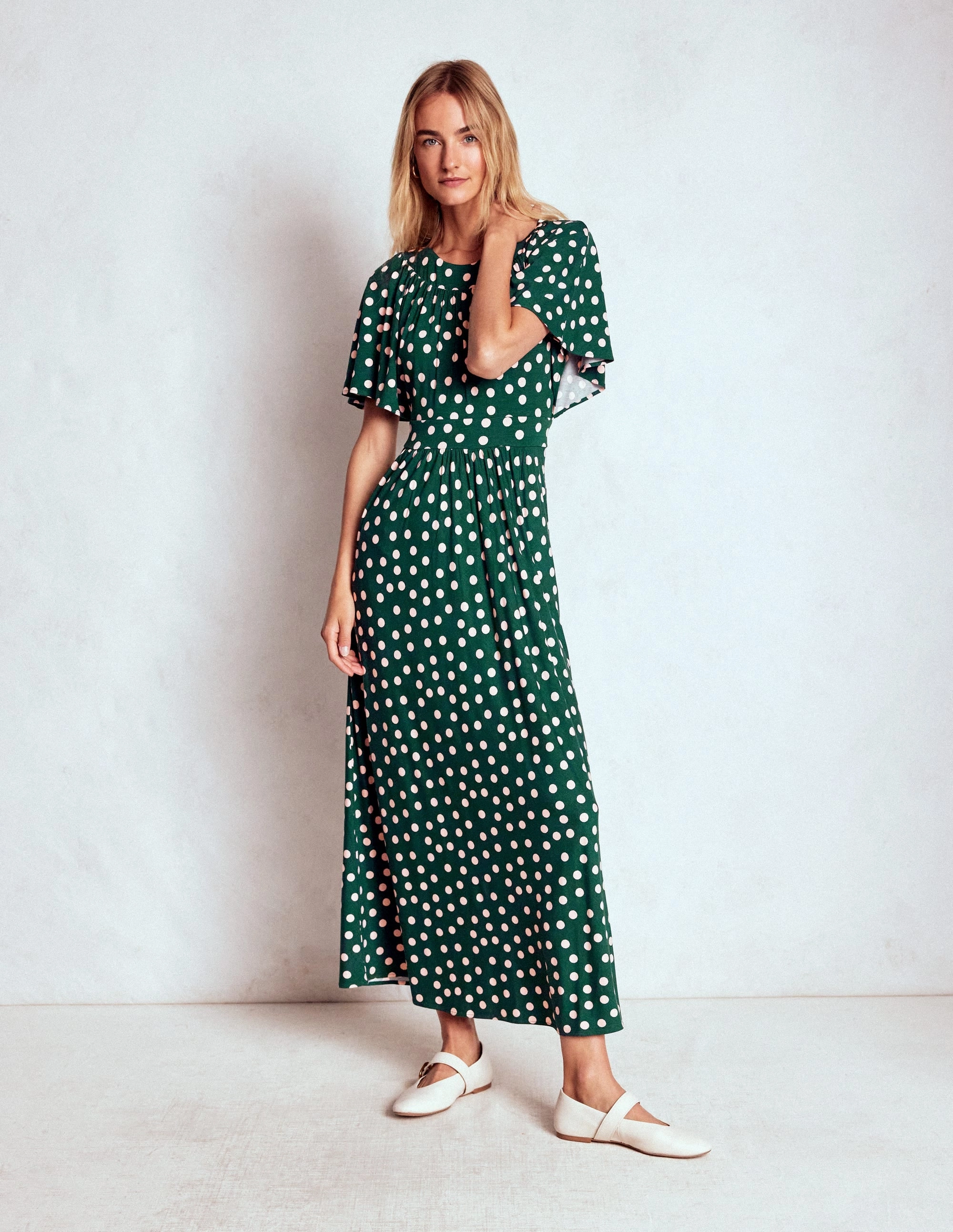 Ankle-length Yoke Panel Maxi Dress-Emerald Night, Painted Dot