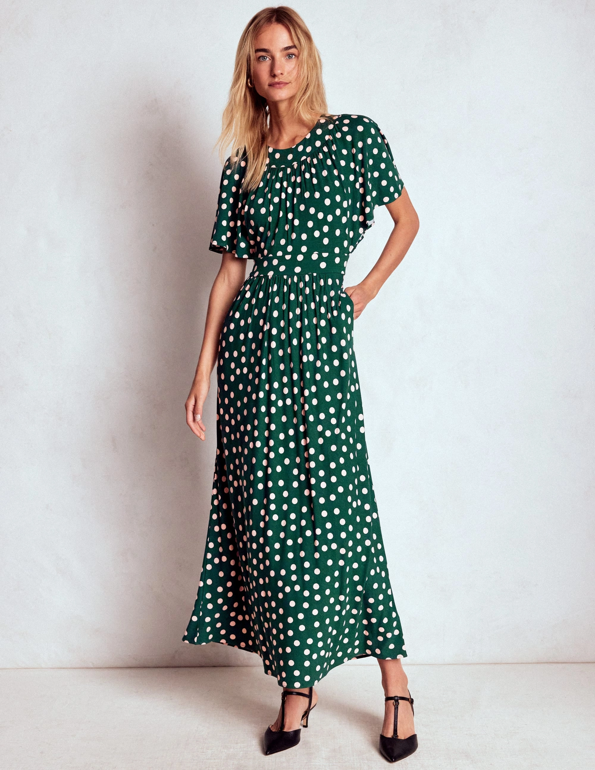 Effortless Waist Design Yoke Panel Maxi Dress-Emerald Night, Painted Dot