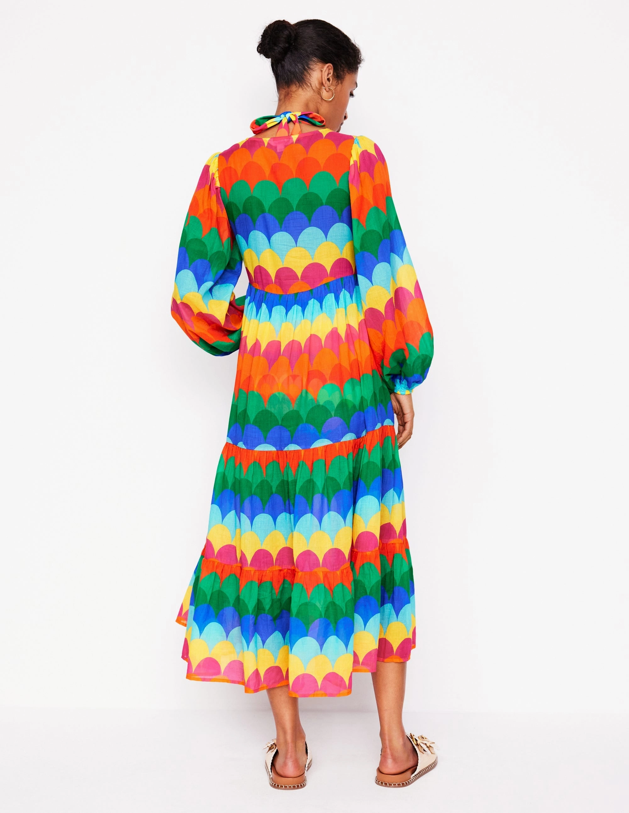 V-Neck Tiered Cotton Kaftan-Multi, Scallop Stripe Spring Mood