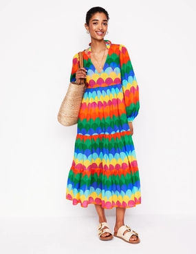 Soft Weave Understated Glam V-Neck Tiered Cotton Kaftan-Multi, Scallop Stripe
