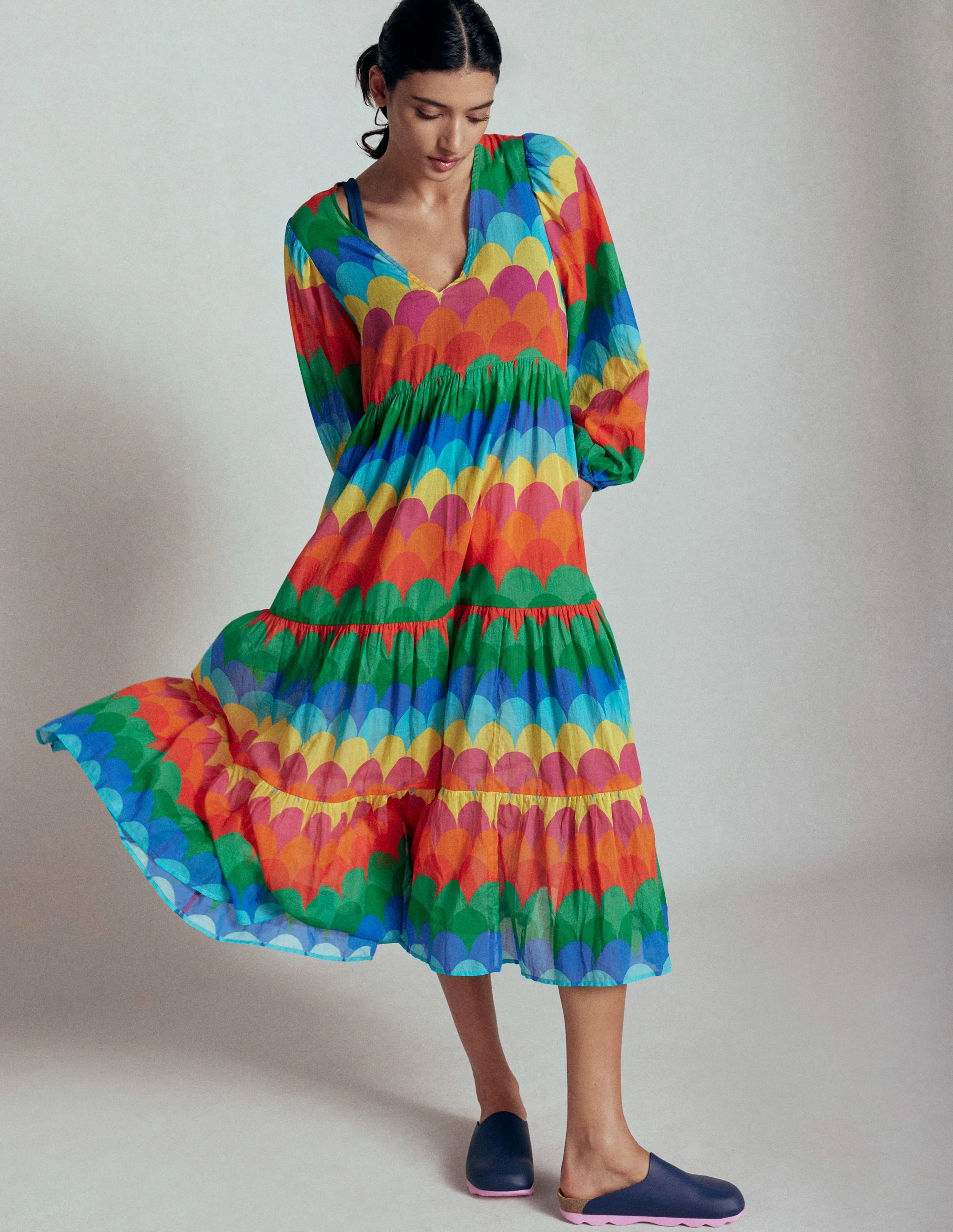 V-Neck Tiered Cotton Kaftan-Multi, Scallop Stripe Interchangeable-Detail Mood Glow