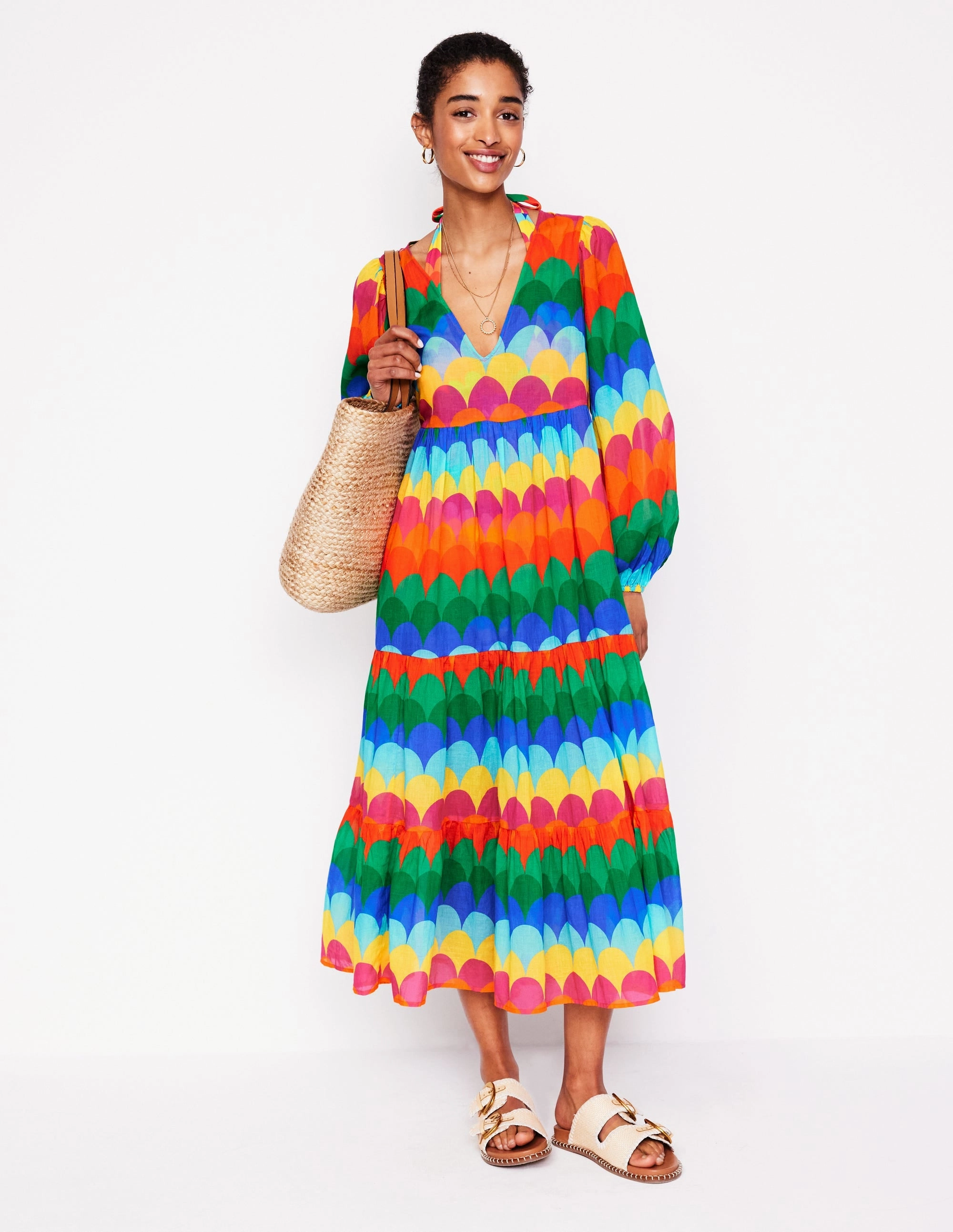Soft Weave Understated Glam V-Neck Tiered Cotton Kaftan-Multi, Scallop Stripe