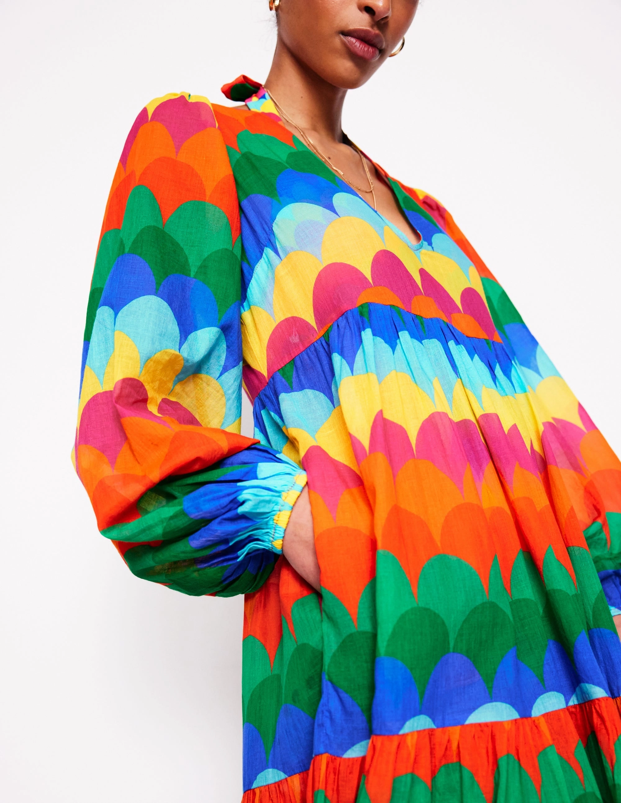 Perfect Layer Minimal Design V-Neck Tiered Cotton Kaftan-Multi, Scallop Stripe