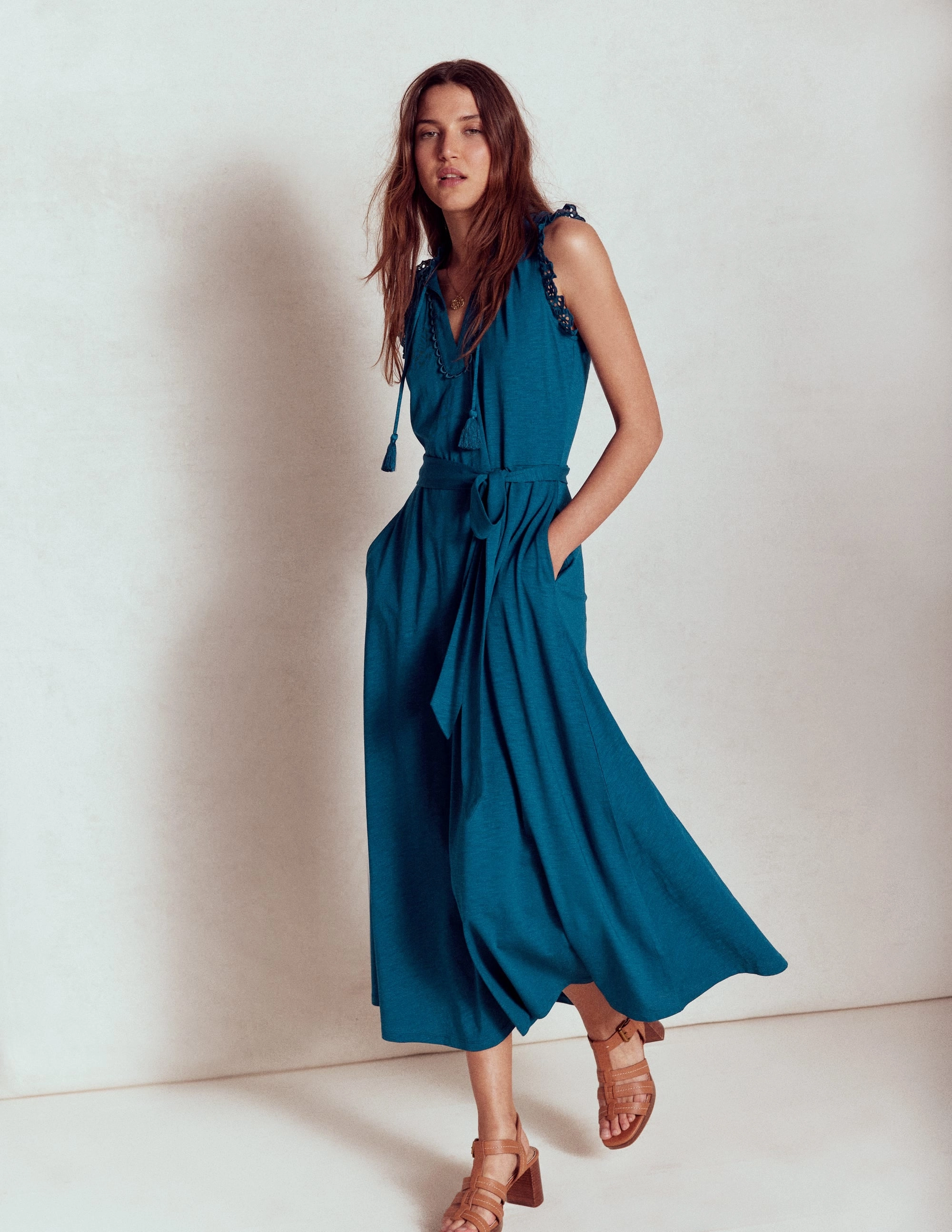 Effortless Style Aria Broderie Trim Midi Dress-Harbour Blue