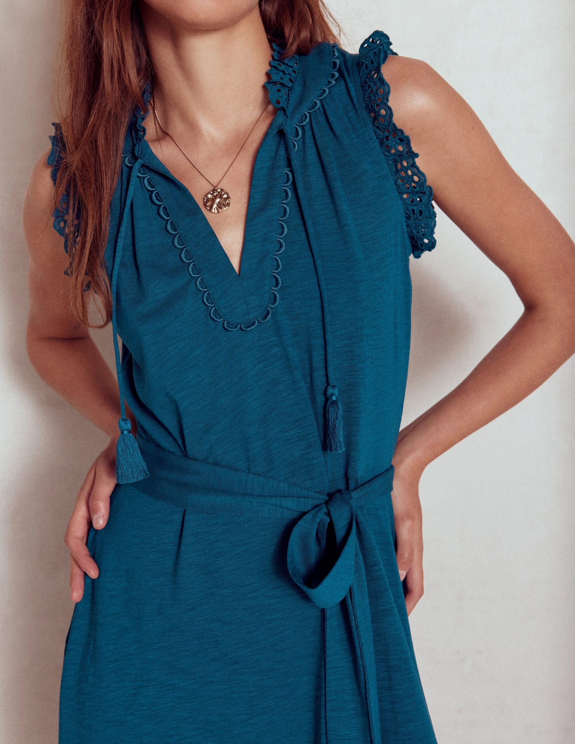 Breezy Style Aria Broderie Trim Midi Dress-Harbour Blue