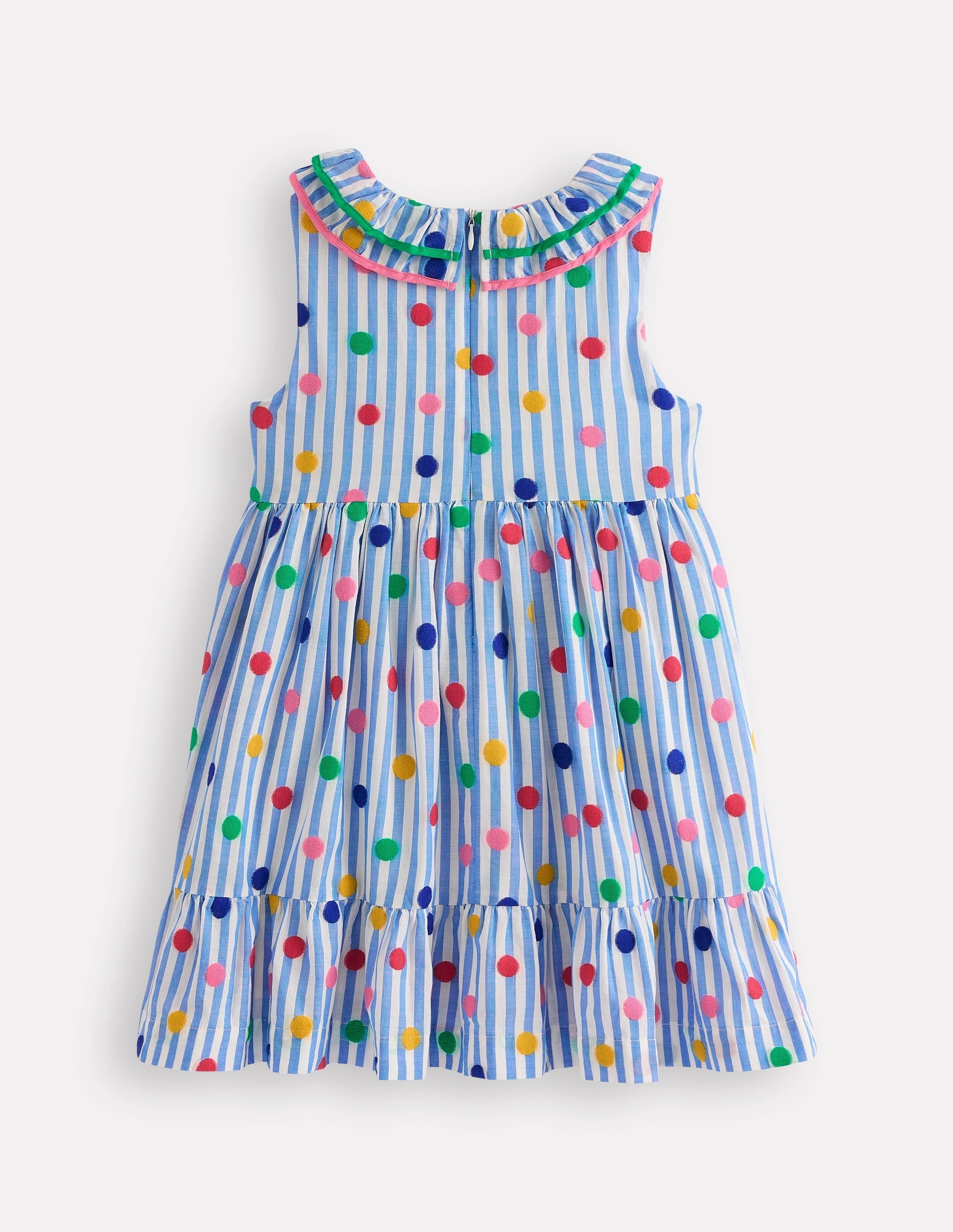 Ruffle Neck Woven Dress-Peacock Plume Blue Spot Timeless Soft