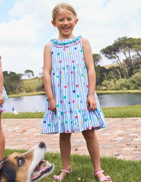 Ruffle Neck Woven Dress-Peacock Plume Blue Spot Essential Piece Quiet Glow