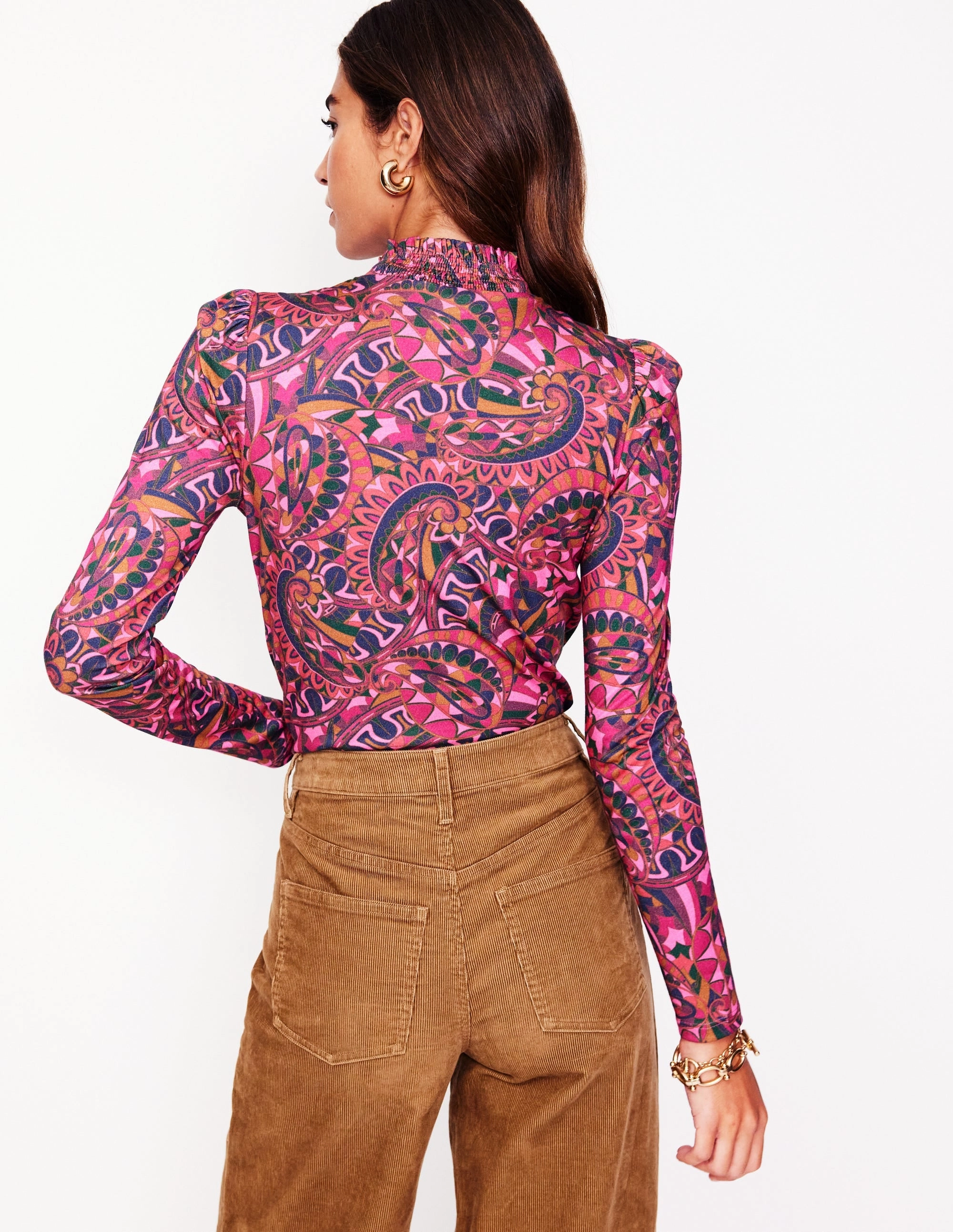 Chic and Soft Smocked Neck Printed Top-Jam, Kaleidoscopic Paisley