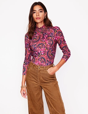 Temperature Regulating Fabric Summer Favorite Smocked Neck Printed Top-Jam, Kaleidoscopic Paisley