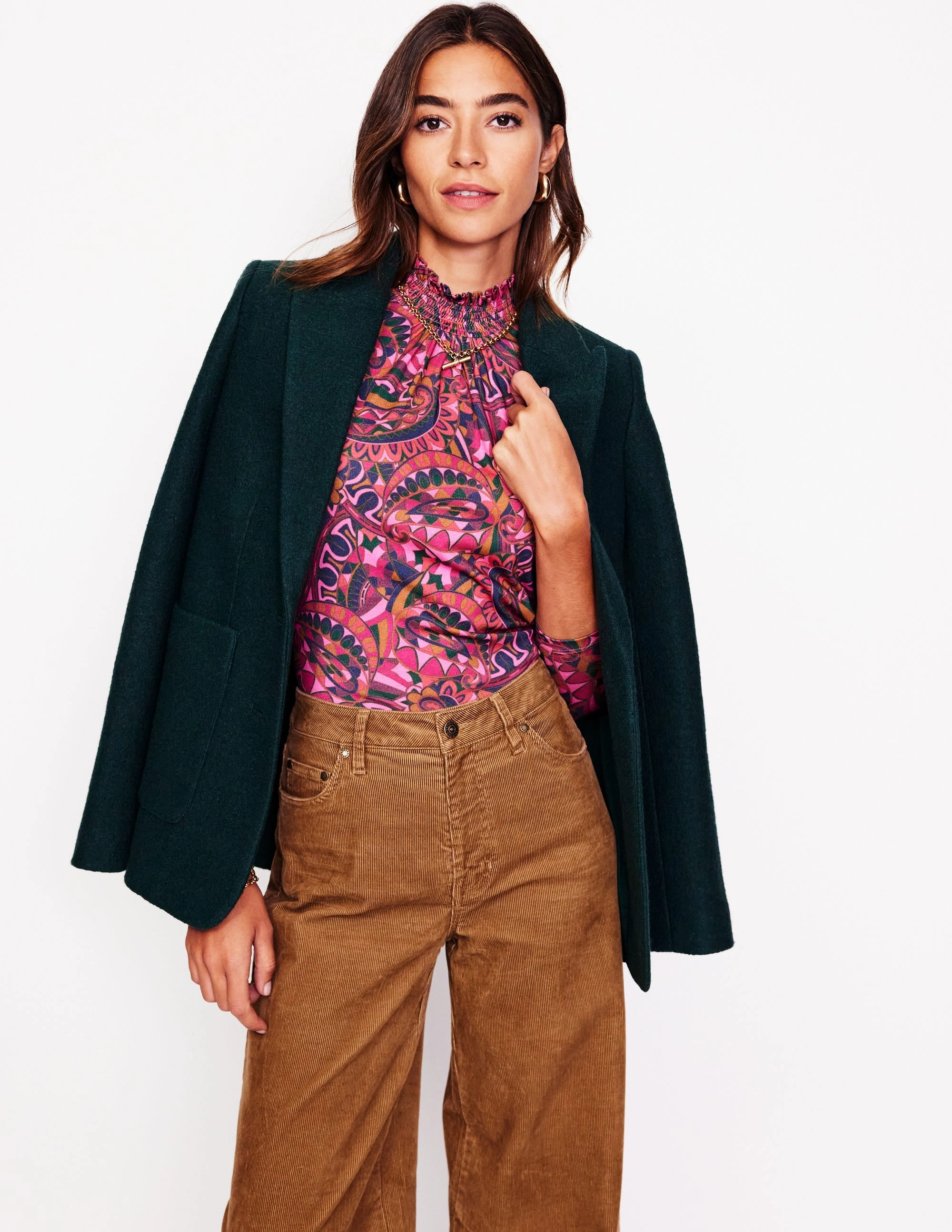 Smocked Neck Printed Top-Jam, Kaleidoscopic Paisley Fit For All Layering Must-Have