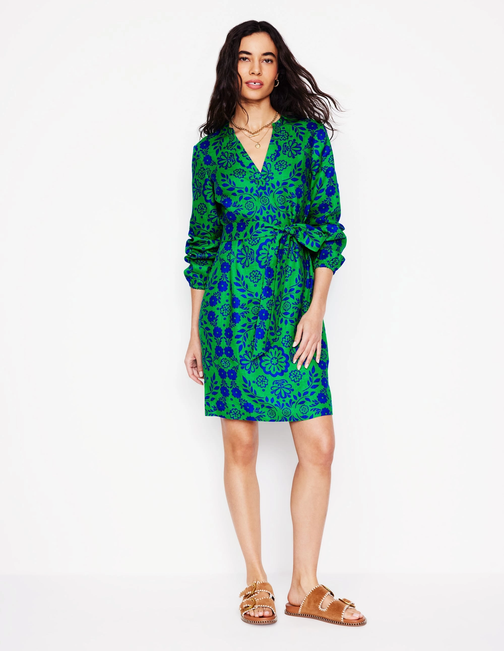 Seasonal Style Daily Form Cleo Linen Tie Waist Dress-Aleo, Structured Meadow