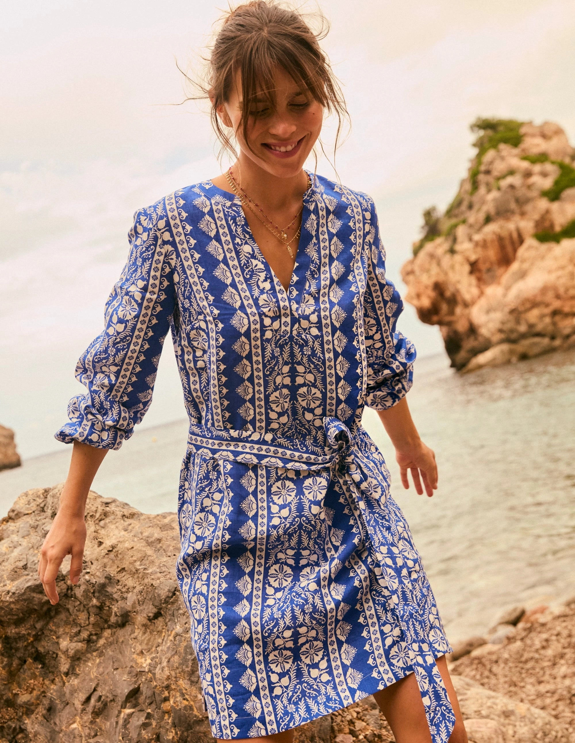 Lounge Style Grace Color Cleo Linen Tie Waist Dress-Bright Blue, Ornate Border