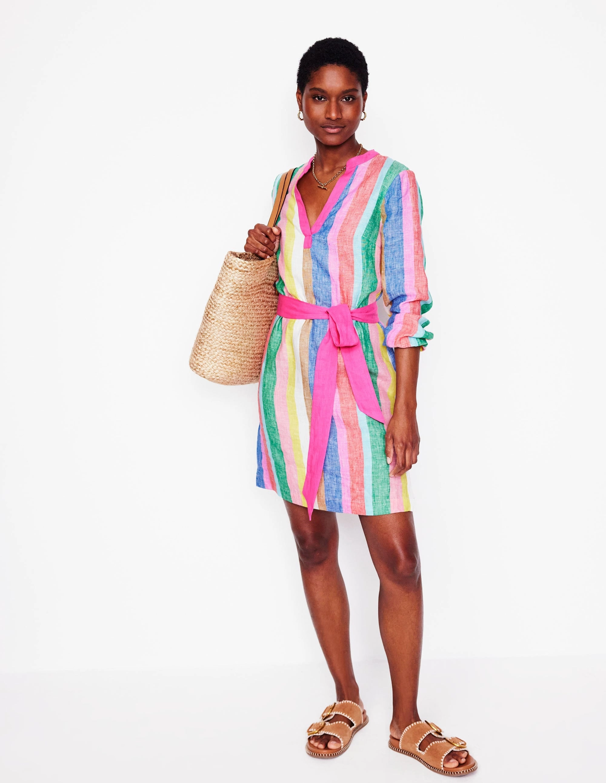 Modern Soft Light Aesthetic Cleo Linen Tie Waist Dress-Bright Rainbow Stripe
